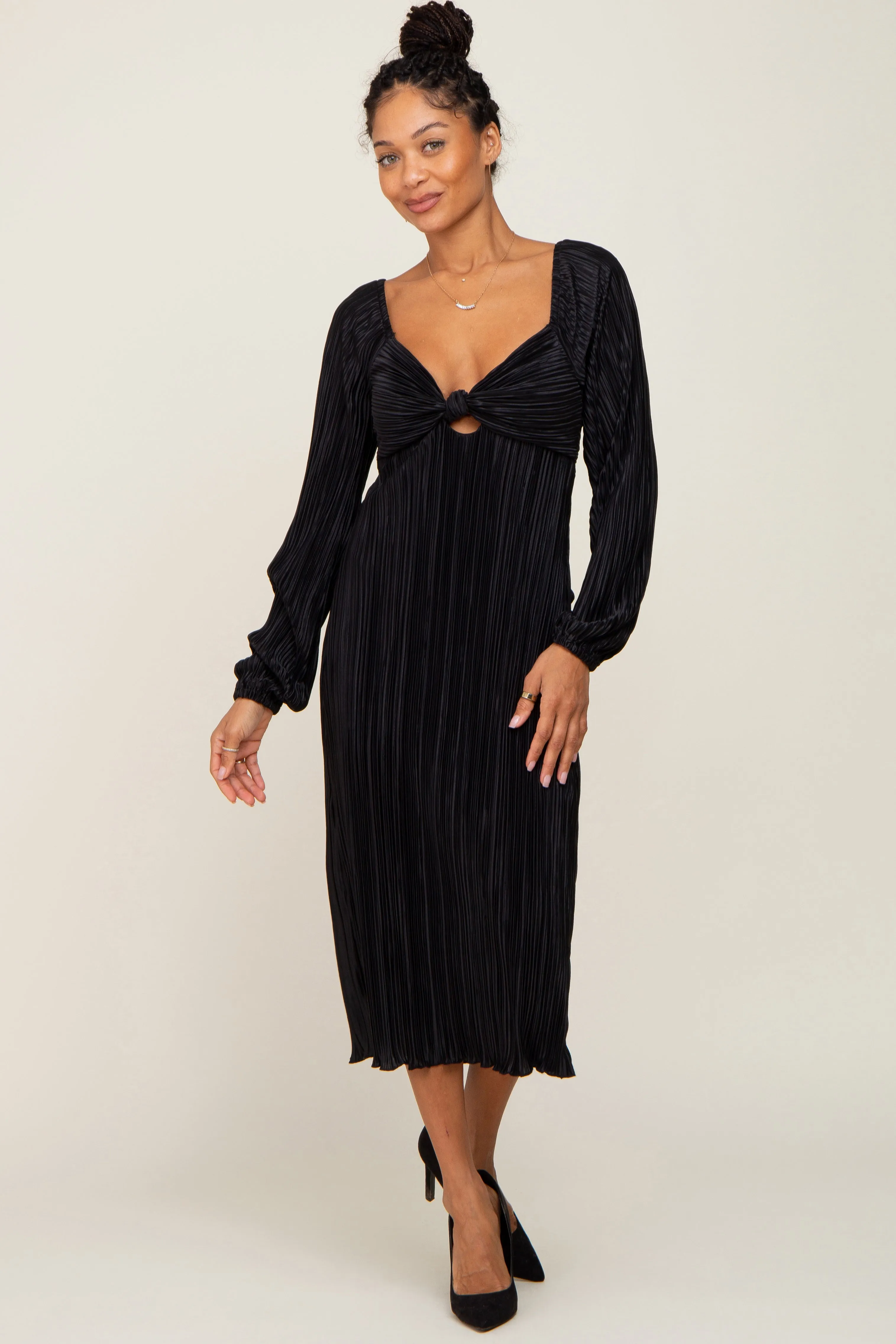Black Pleated Front Cutout Back Tie Maternity Midi Dress sold by Pinkblush product image thumbnail 4