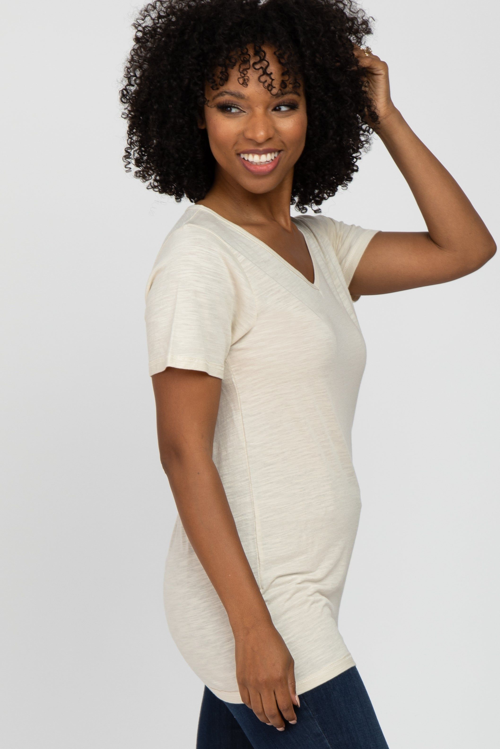 Beige V-Neck T Shirt sold by Pinkblush product image thumbnail 2