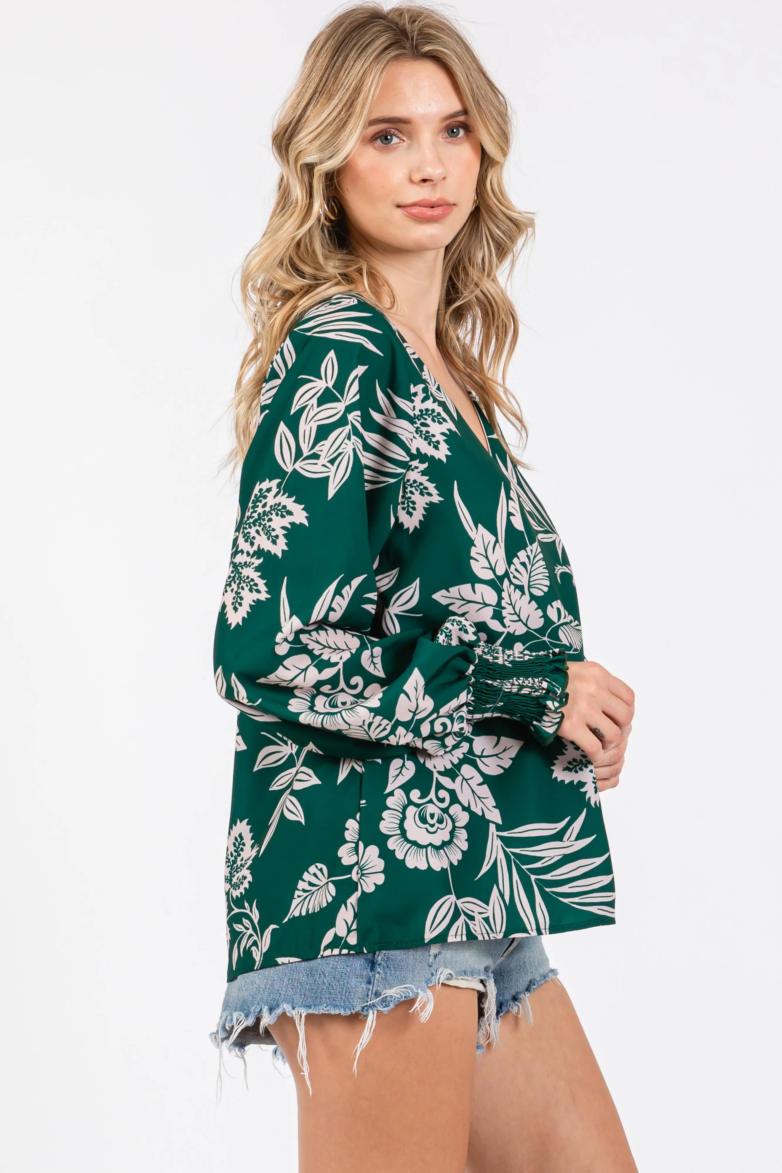 Forest Green Floral V-Neck Long Sleeve Blouse sold by Pinkblush product image thumbnail 2