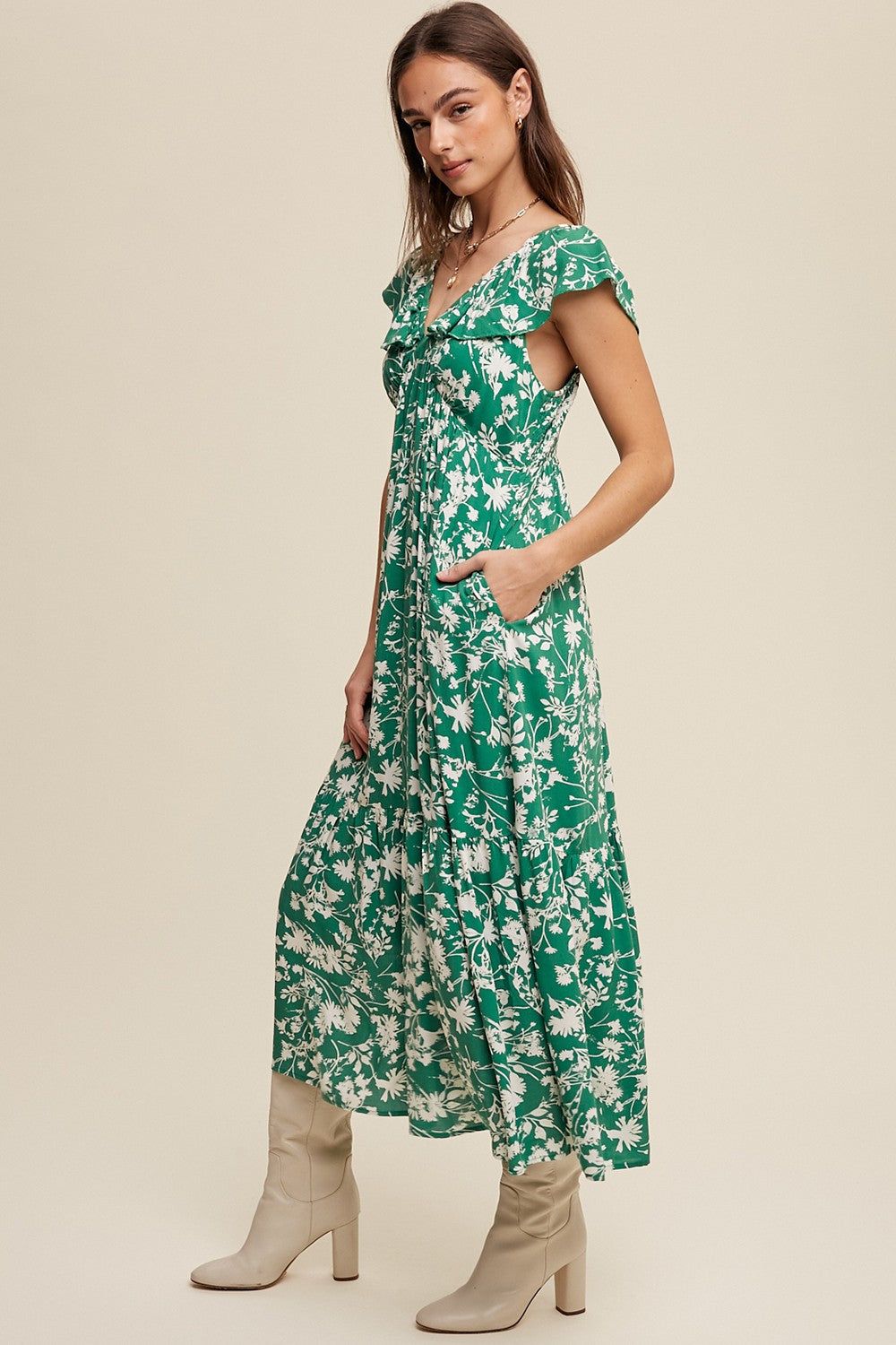 Green Floral Ruffle Midi Dress sold by Pinkblush product image thumbnail 3