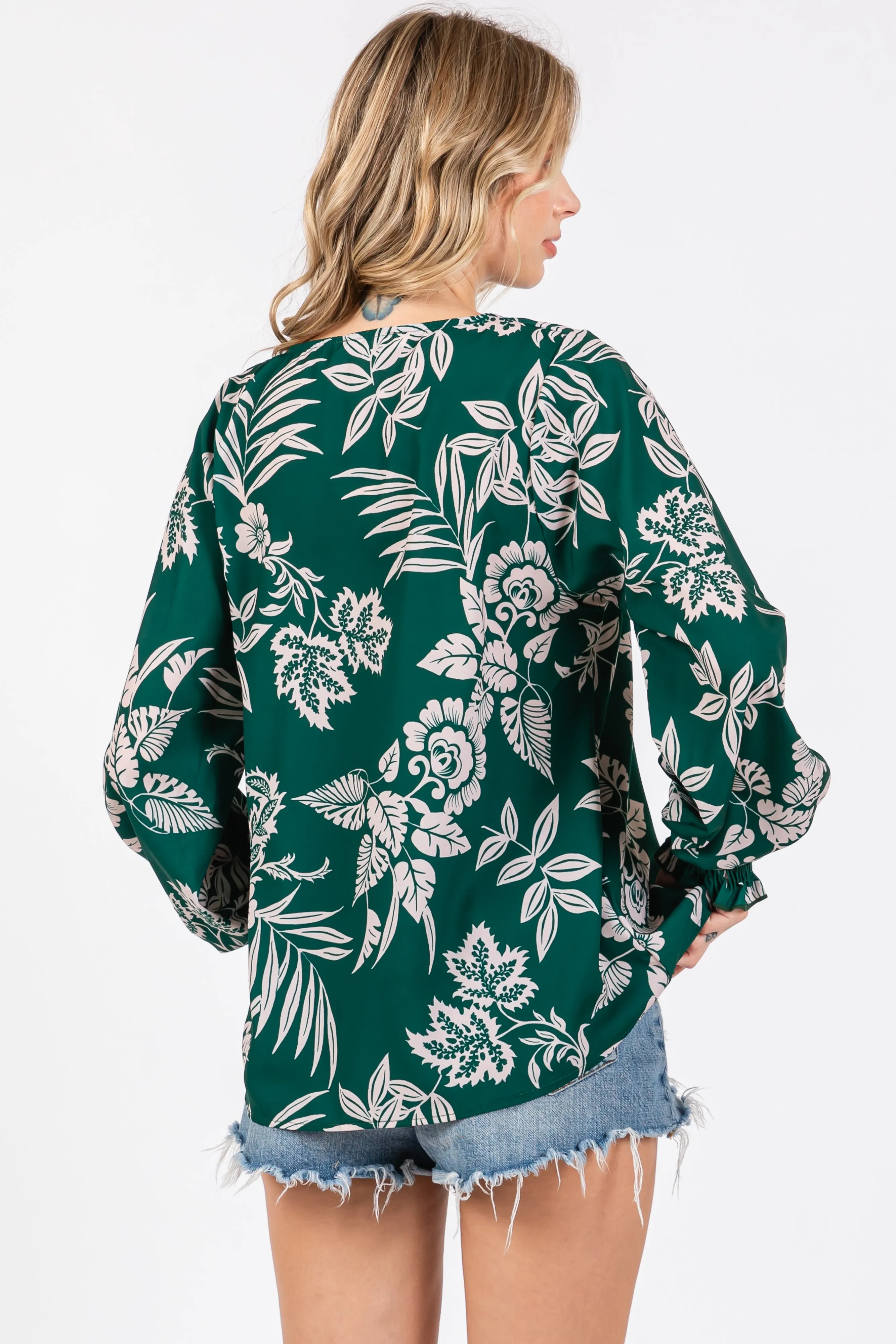 Forest Green Floral V-Neck Long Sleeve Blouse sold by Pinkblush product image thumbnail 3