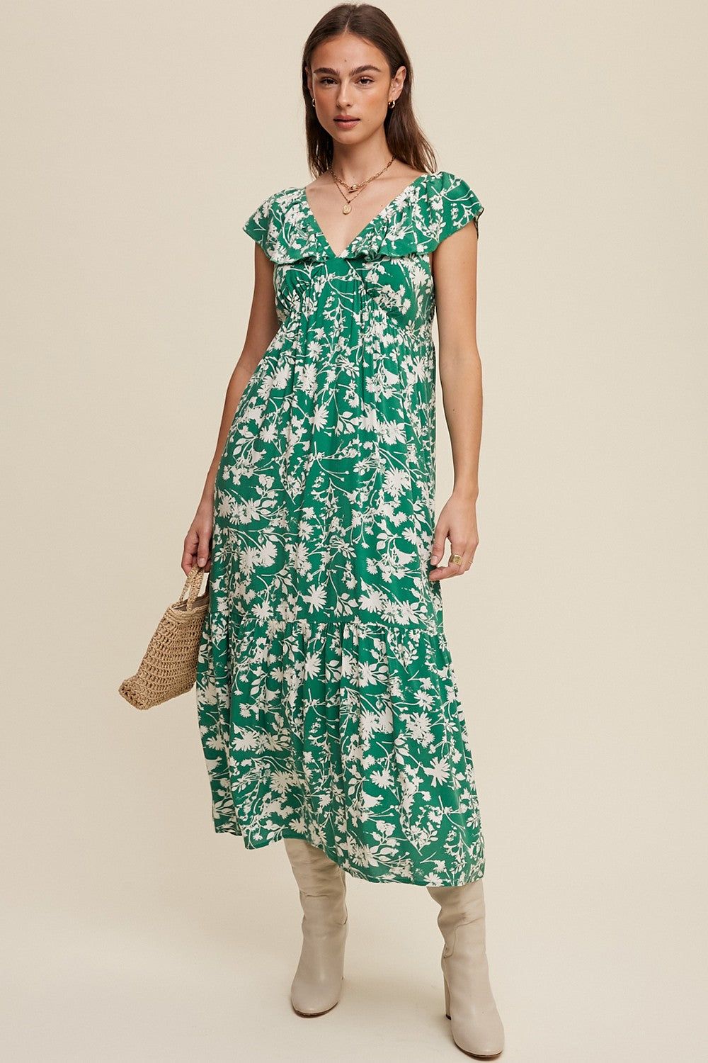 Green Floral Ruffle Midi Dress sold by Pinkblush