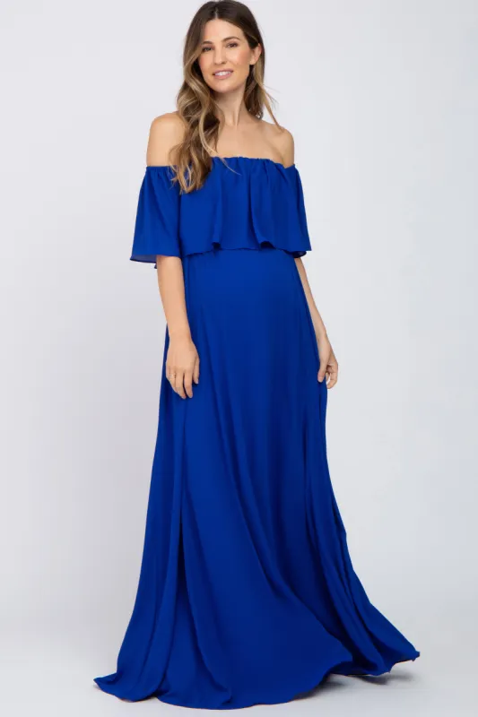Royal Blue Chiffon Off Shoulder Maternity Gown sold by Pinkblush