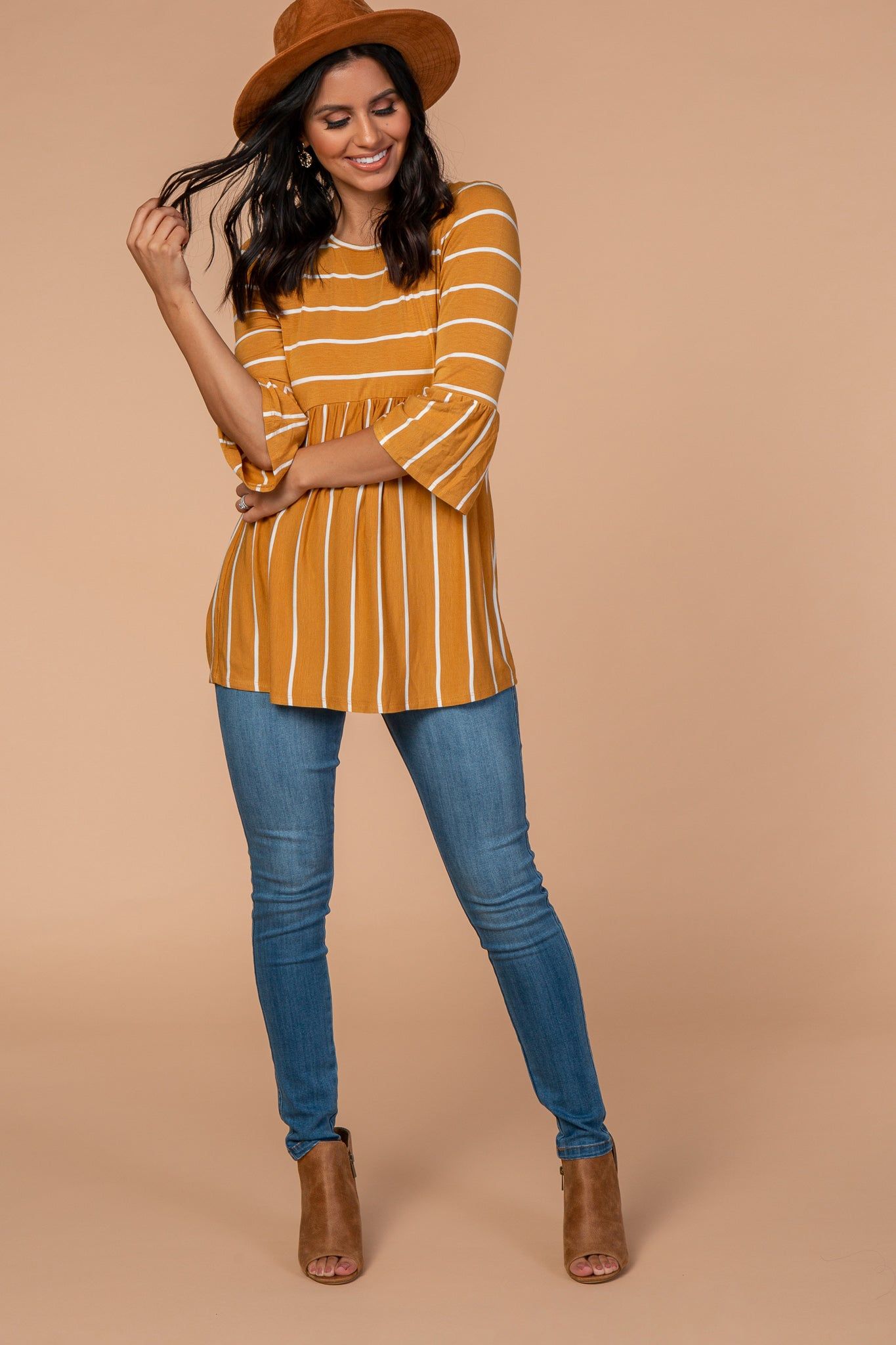 PinkBlush Mustard Striped Peplum Ruffle Top sold by Pinkblush