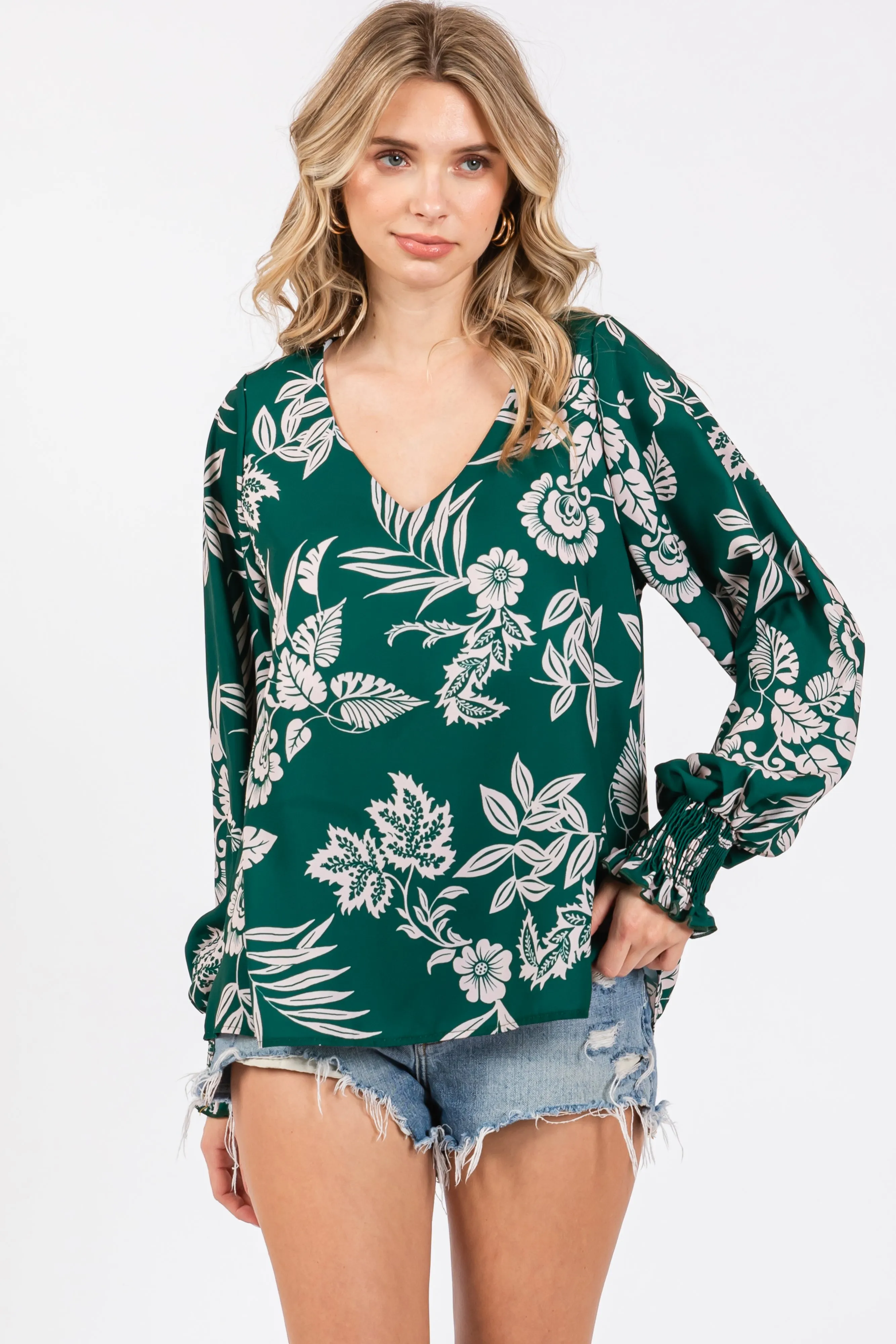 Forest Green Floral V-Neck Long Sleeve Blouse sold by Pinkblush
