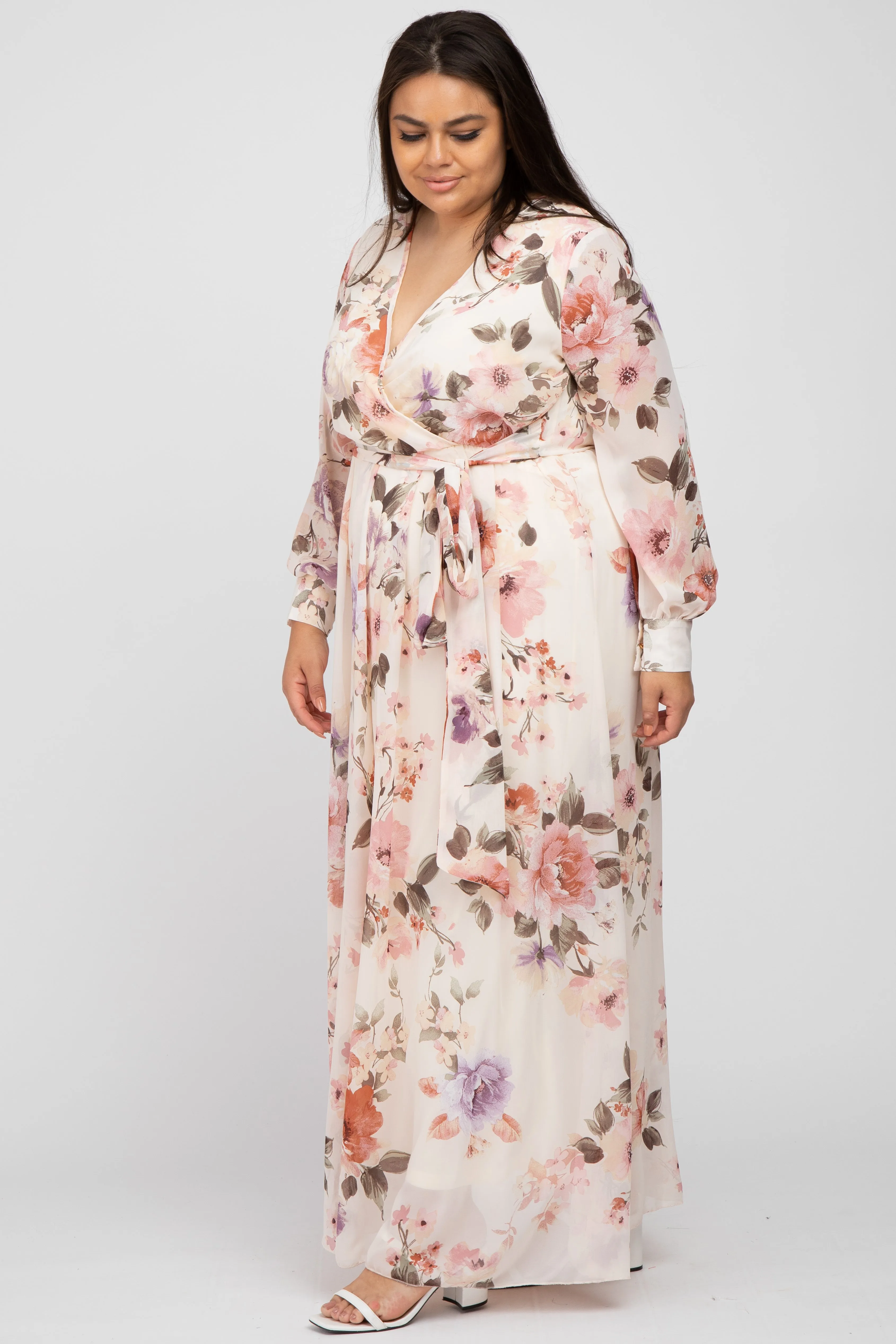 Cream Floral Chiffon Long Sleeve Pleated Maxi Dress sold by Pinkblush product image thumbnail 2