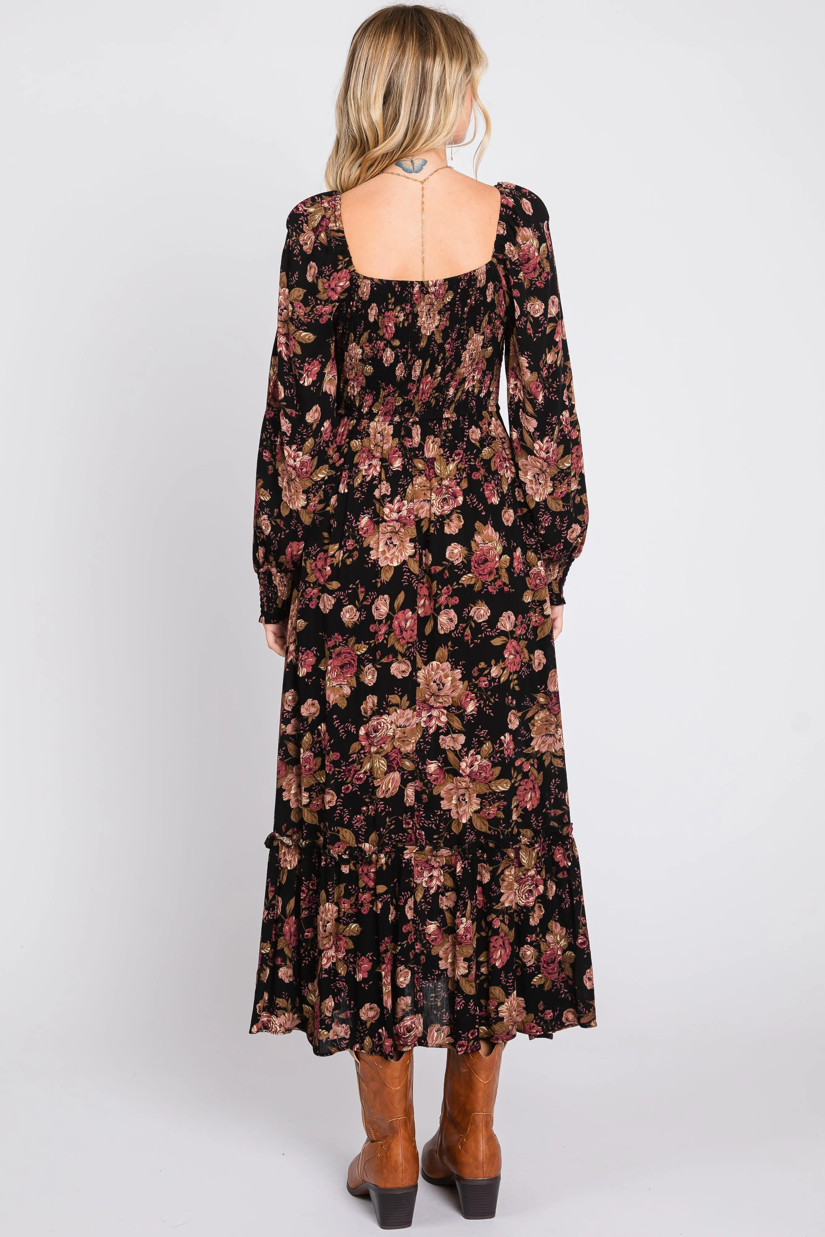 Black Floral Smocked Long Sleeve Midi Dress sold by Pinkblush product image thumbnail 3