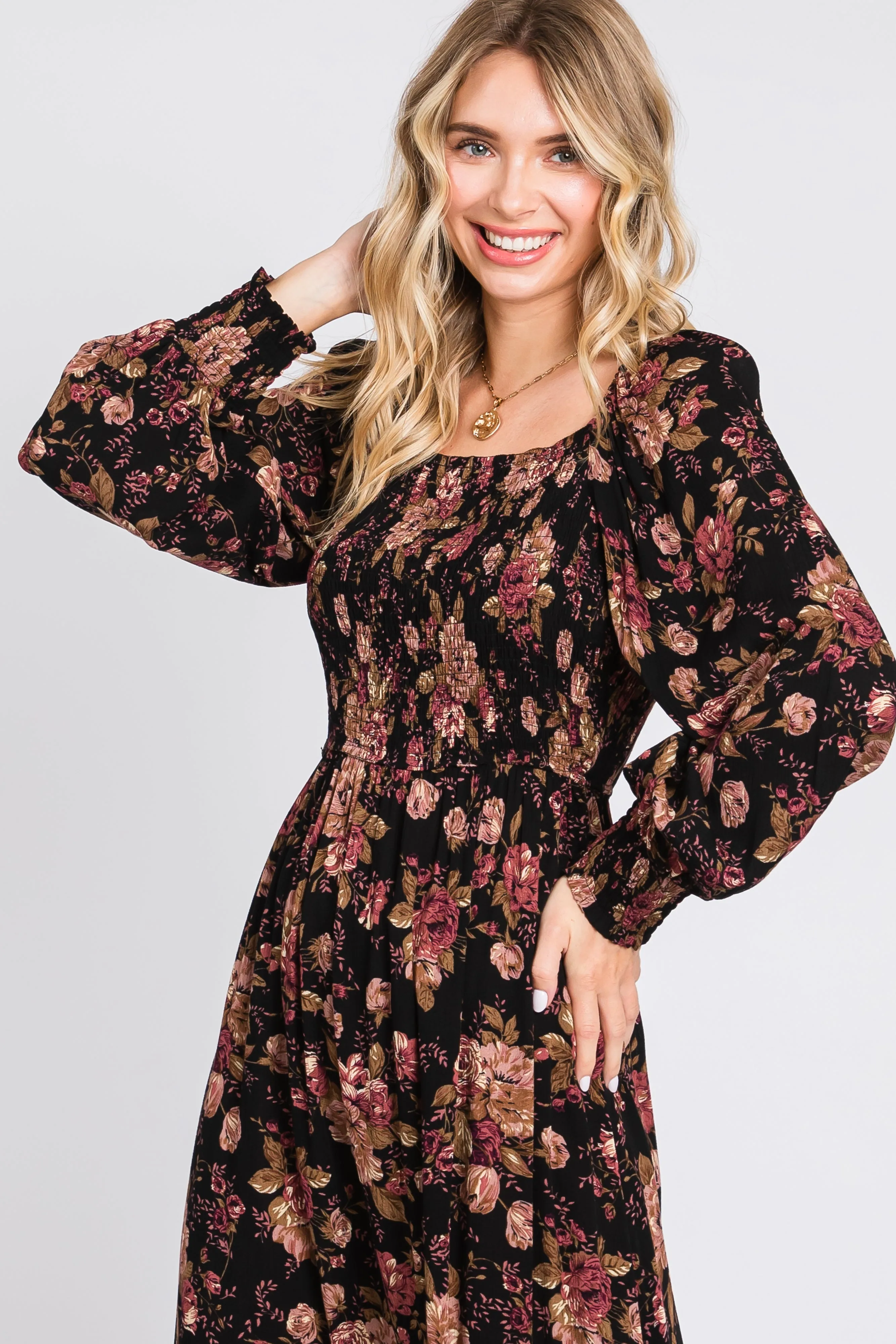 Black Floral Smocked Long Sleeve Midi Dress sold by Pinkblush product image thumbnail 4