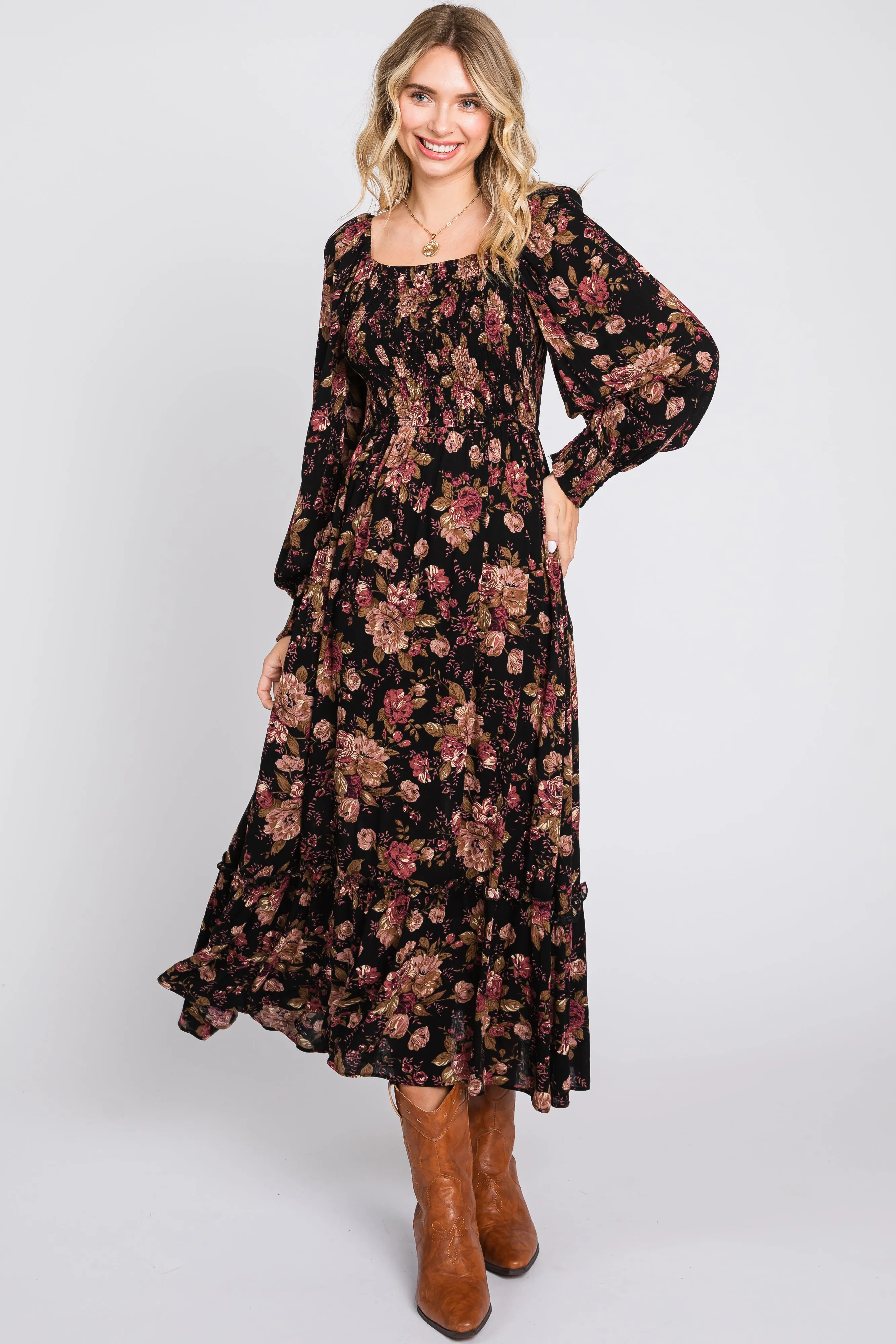 Black Floral Smocked Long Sleeve Midi Dress sold by Pinkblush
