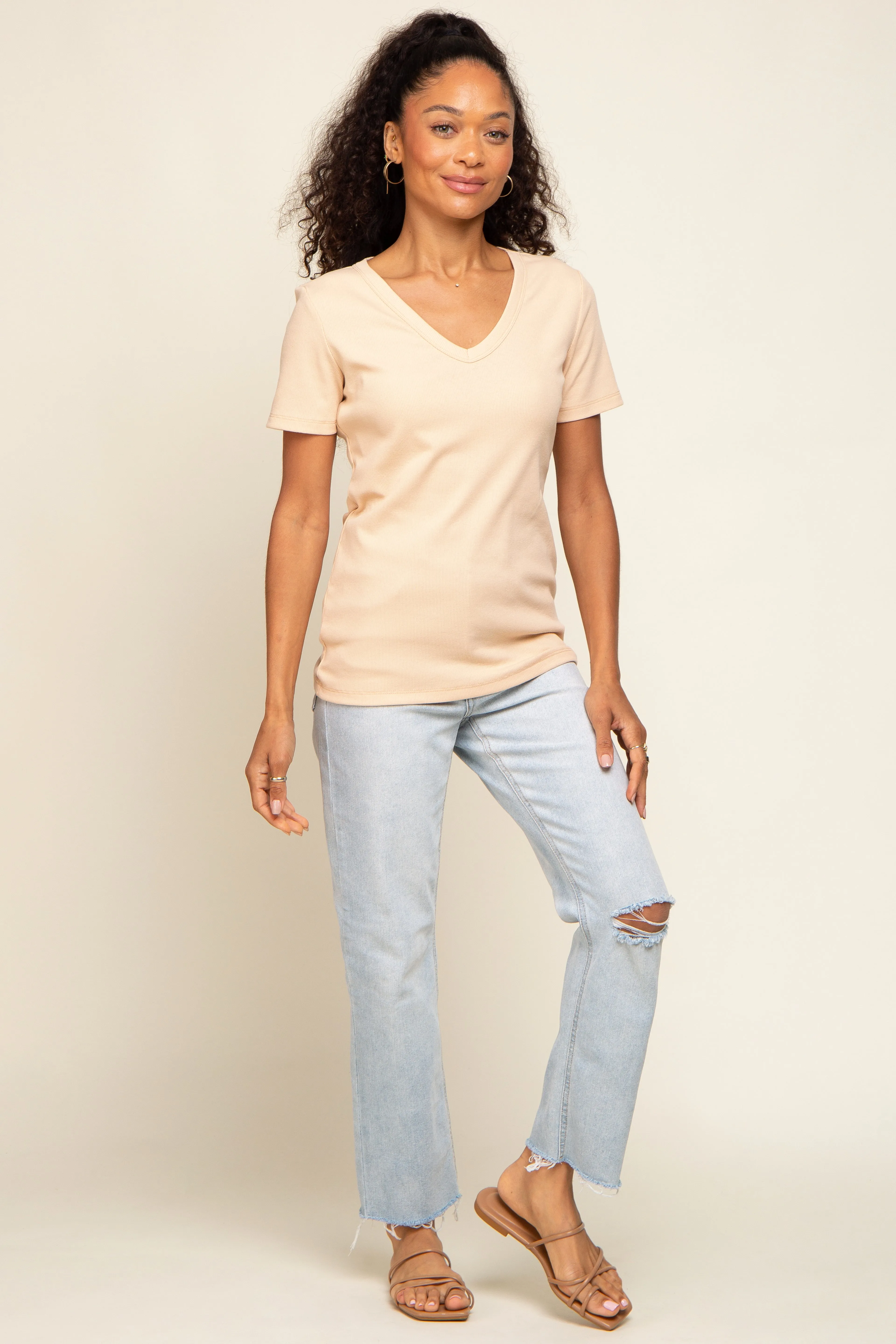 Beige Ribbed V-Neck Top sold by Pinkblush product image thumbnail 4