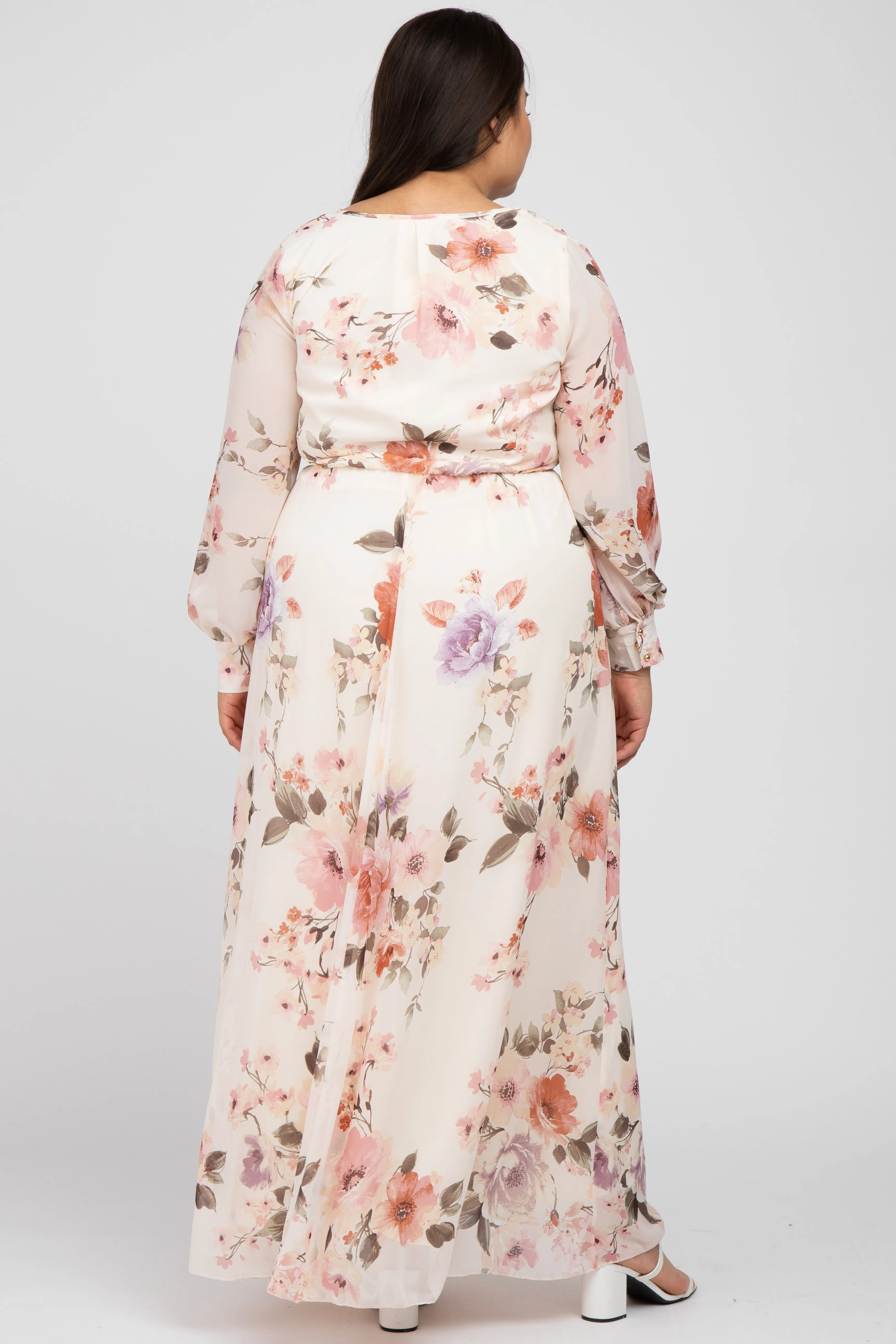 Cream Floral Chiffon Long Sleeve Pleated Maxi Dress sold by Pinkblush product image thumbnail 3