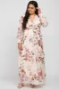 Cream Floral Chiffon Long Sleeve Pleated Maxi Dress sold by Pinkblush
