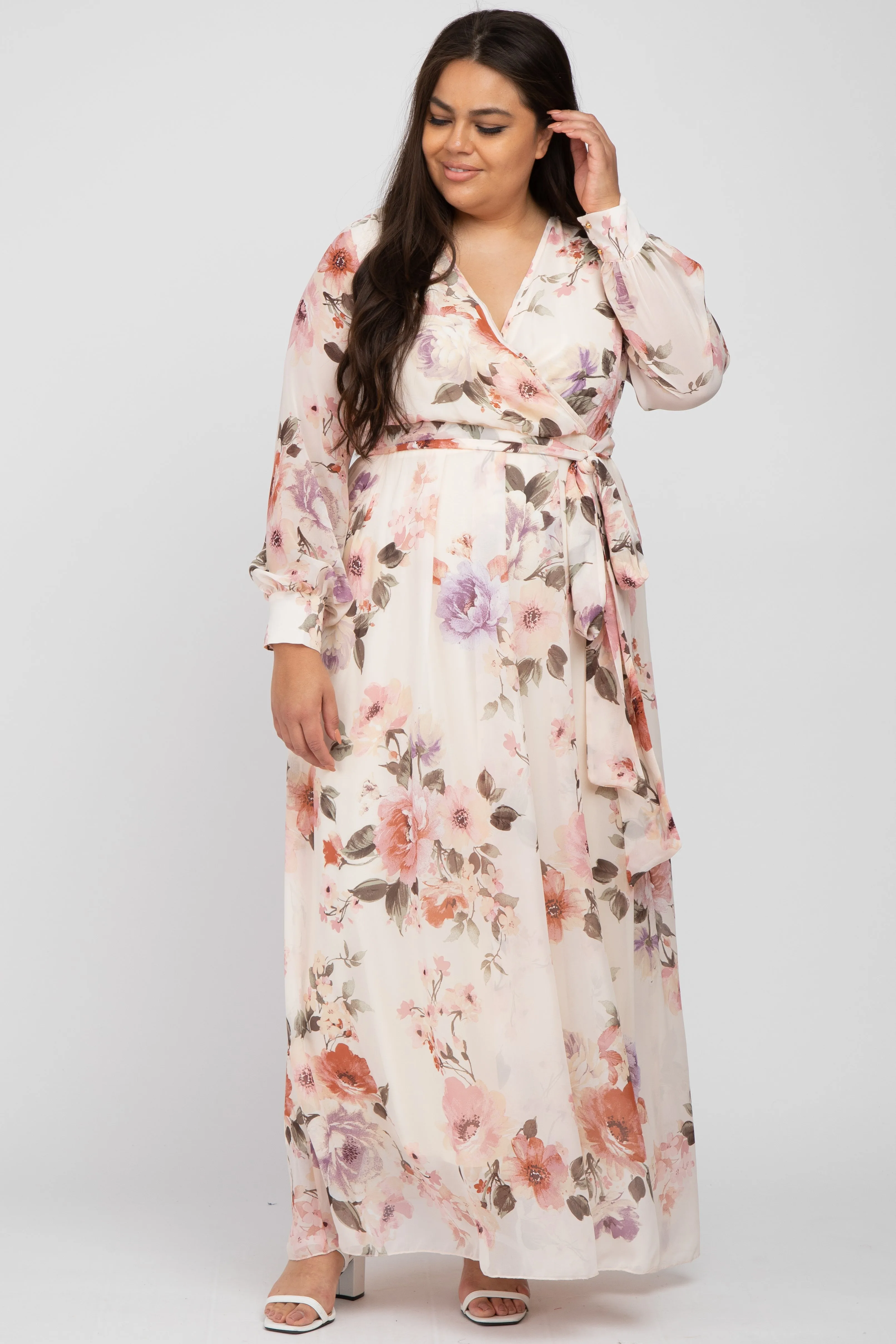 Cream Floral Chiffon Long Sleeve Pleated Maxi Dress sold by Pinkblush