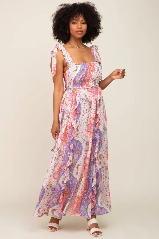 Pink Paisley Print Sleeveless Ruffle Maxi Dress sold by Pinkblush