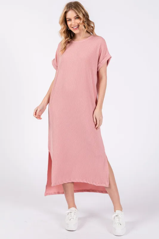 Light Pink Ribbed Short Sleeve Midi Dress sold by Pinkblush