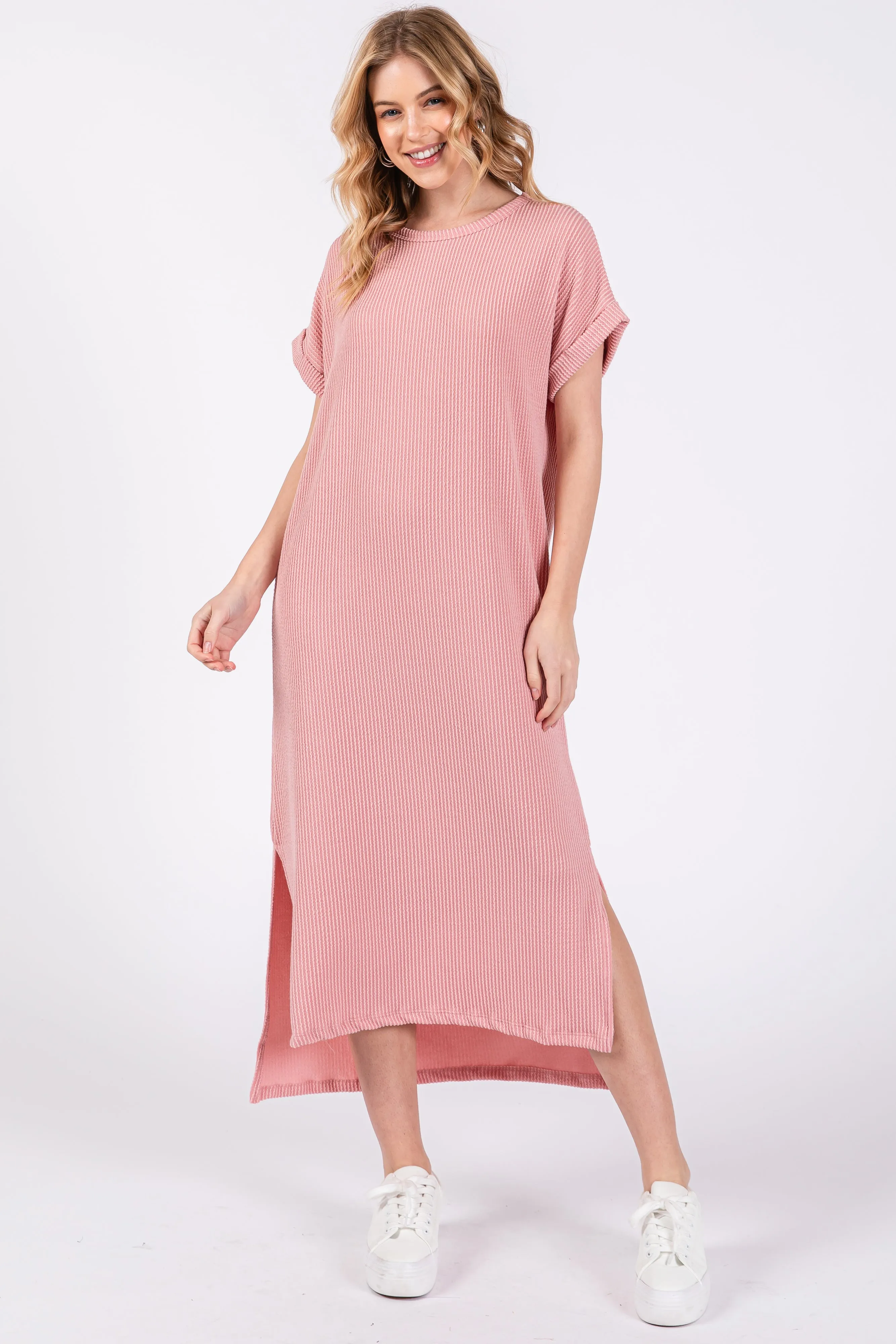 Light Pink Ribbed Short Sleeve Midi Dress sold by Pinkblush