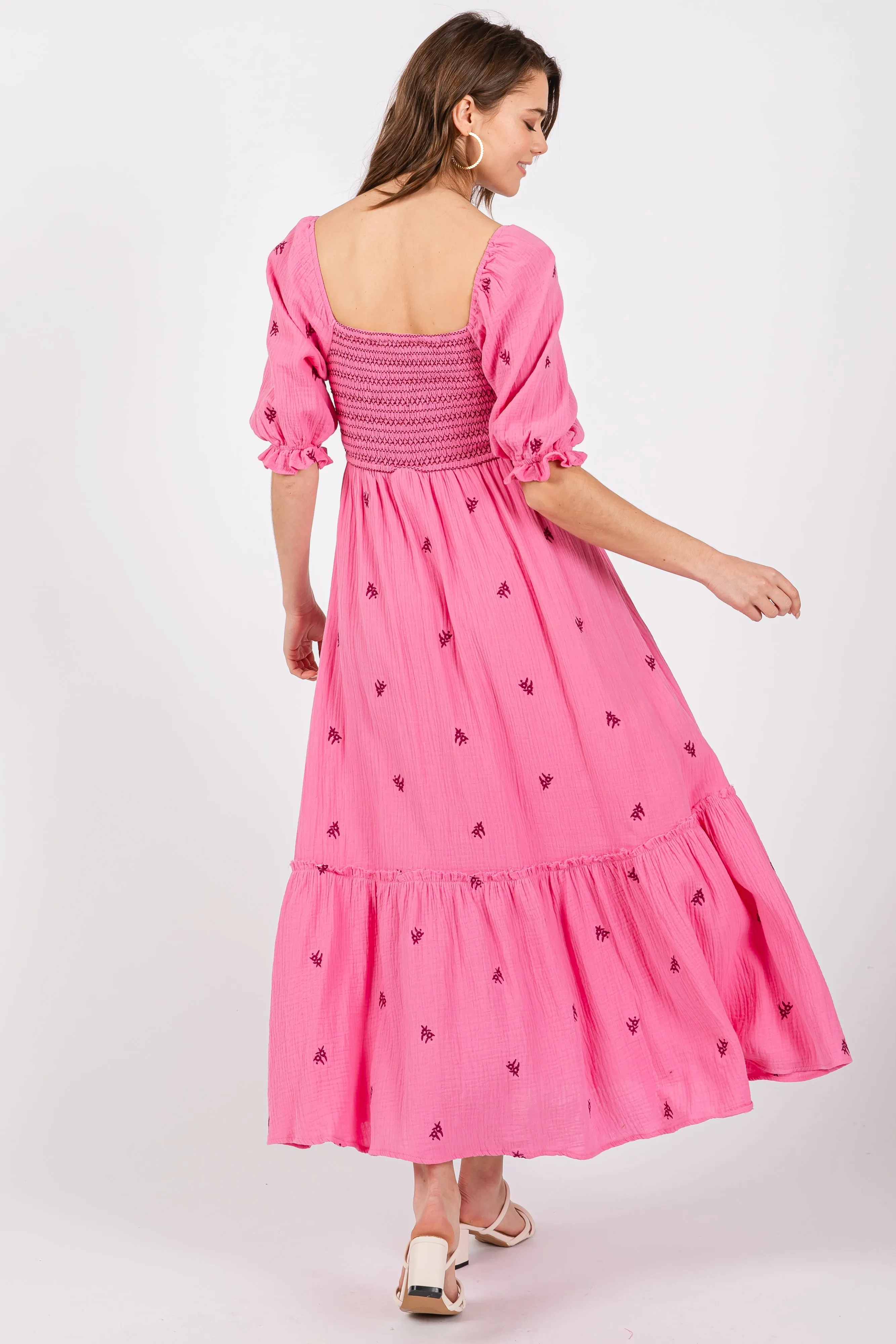 Pink Gauze Smocked Embroidered Square Neck Midi Dress sold by Pinkblush product image thumbnail 4