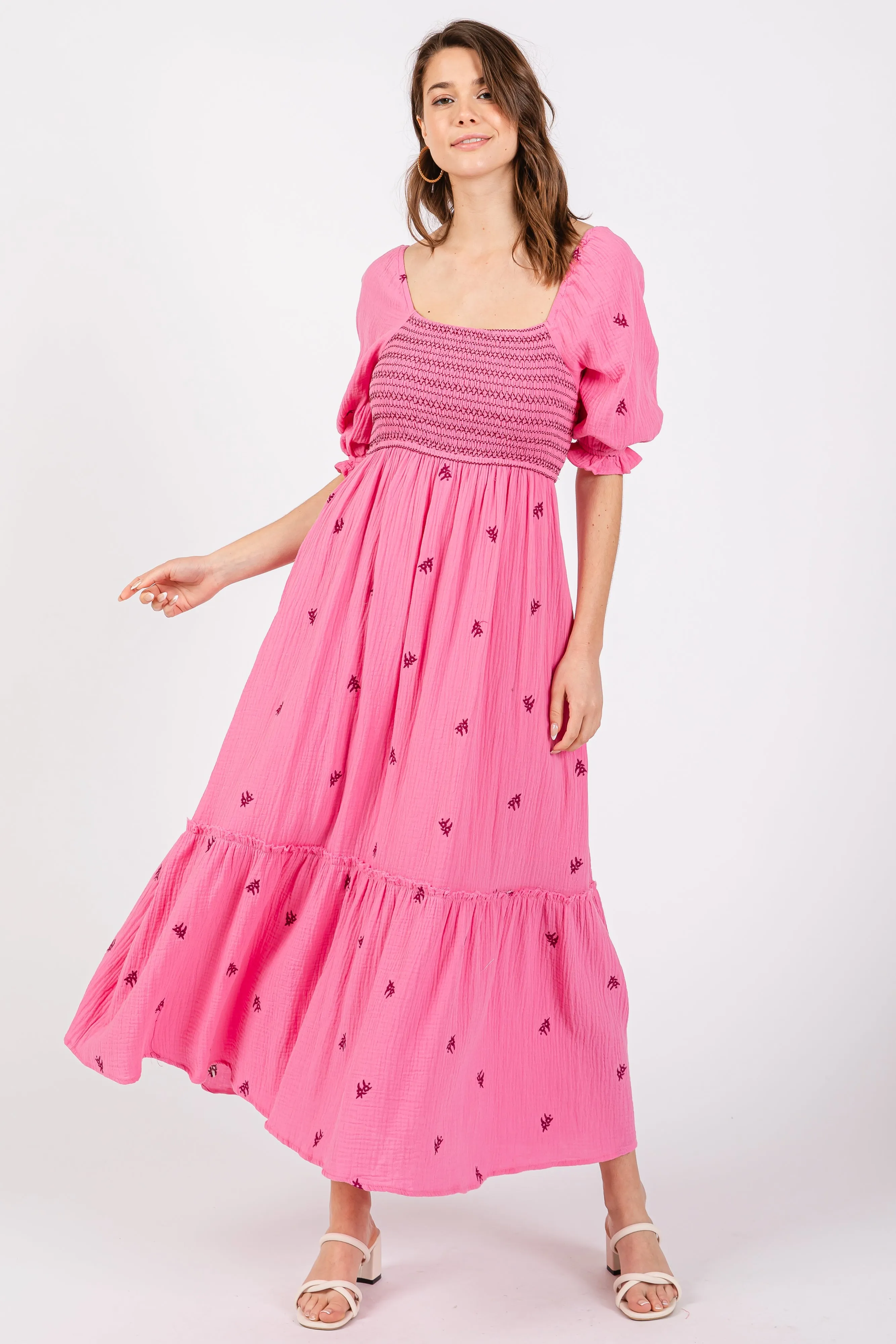 Pink Gauze Smocked Embroidered Square Neck Midi Dress sold by Pinkblush