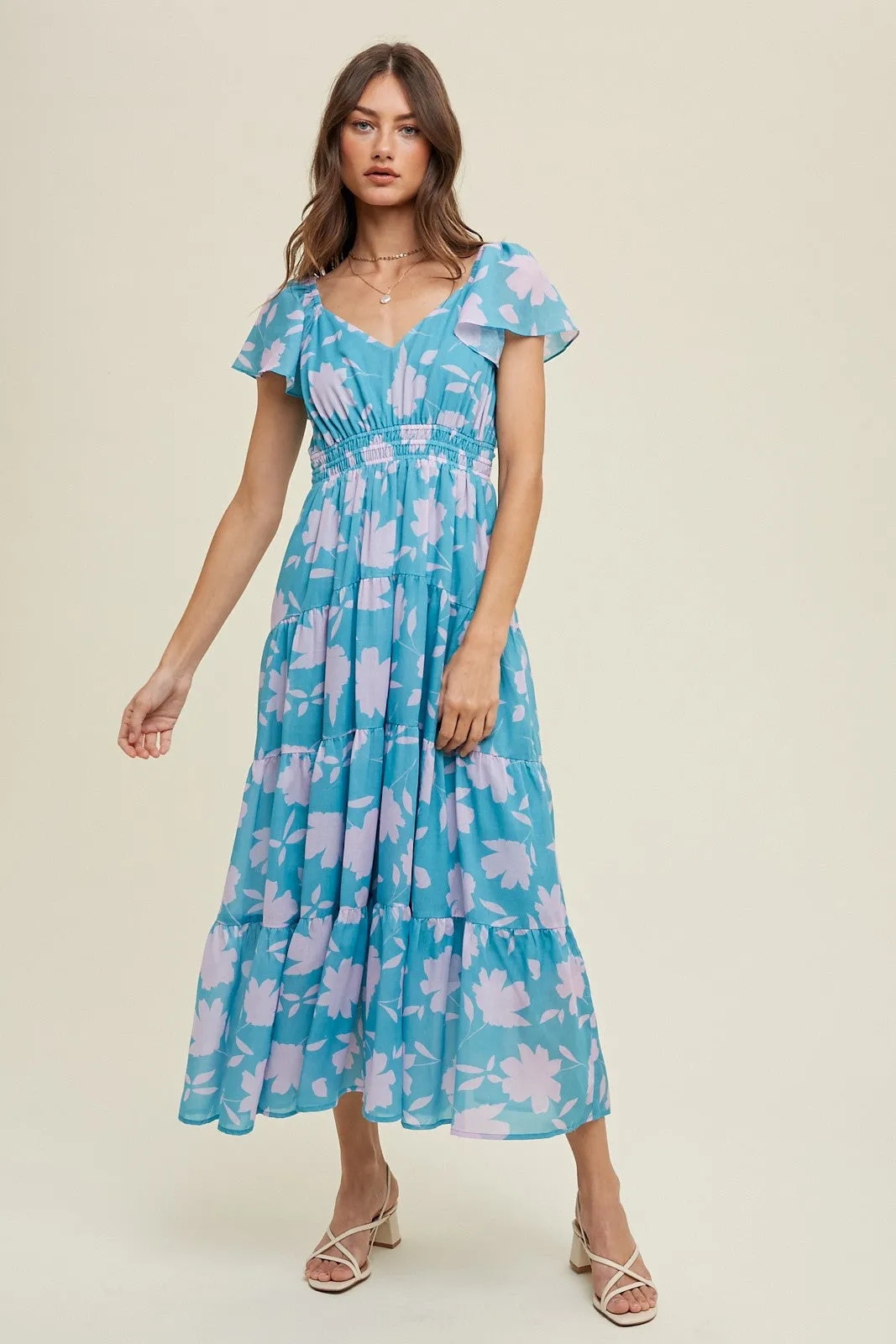 Blue Floral Flutter Sleeve Tiered Maxi Dress sold by Pinkblush