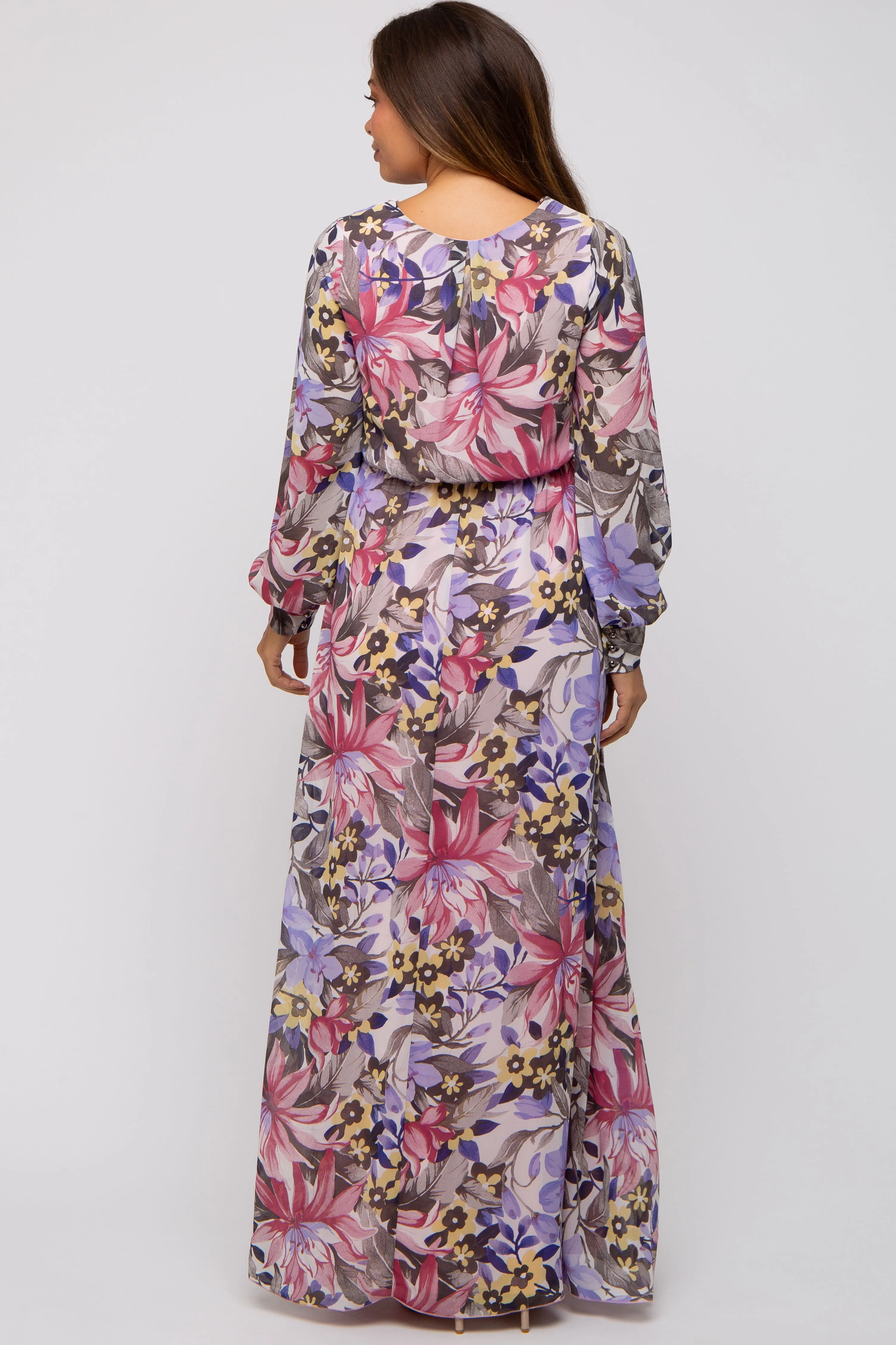 Mauve Floral Chiffon Wrap Front V-Neck Long Sleeve Maternity Maxi Dress sold by Pinkblush product image thumbnail 4