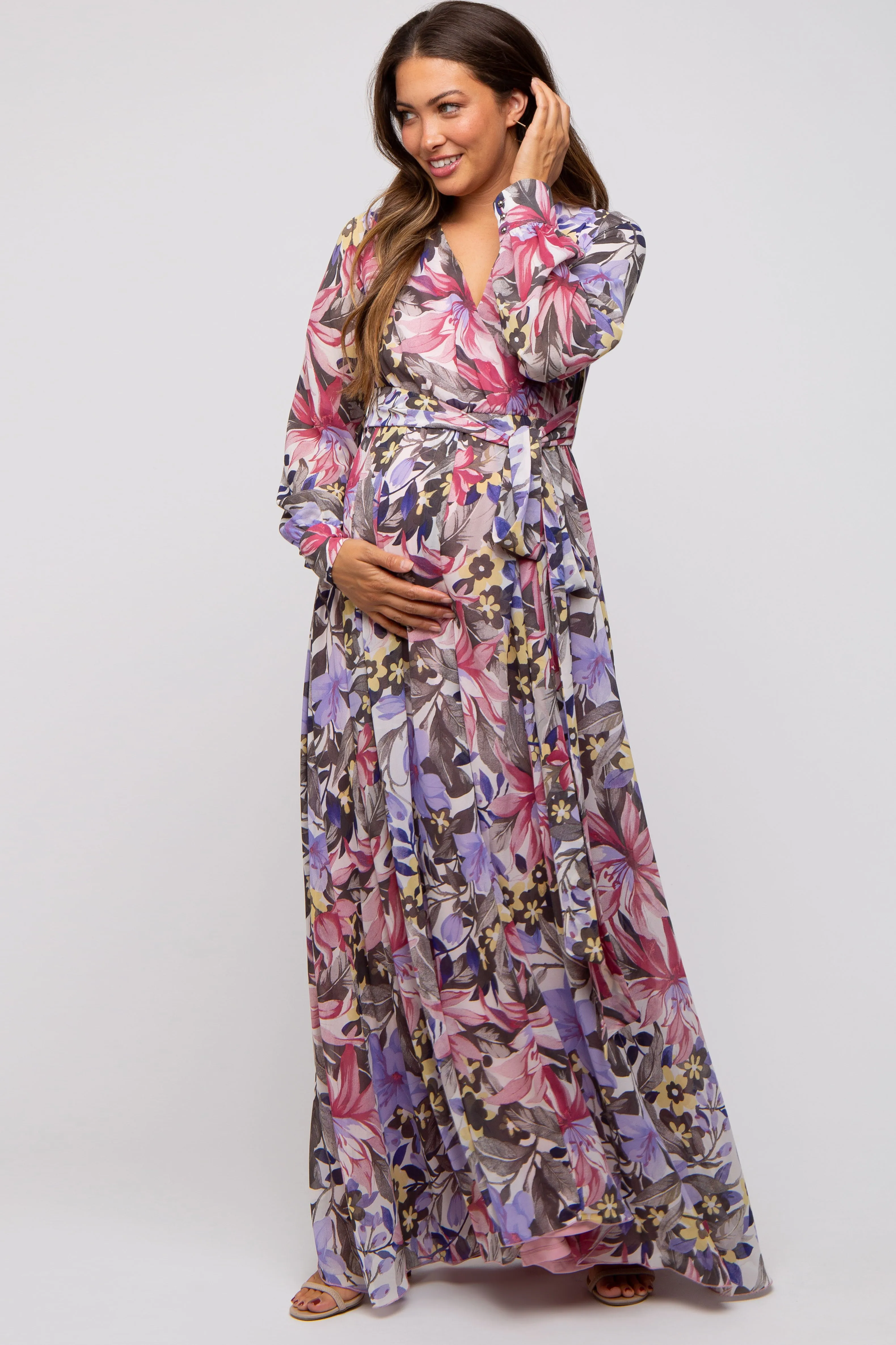 Mauve Floral Chiffon Wrap Front V-Neck Long Sleeve Maternity Maxi Dress sold by Pinkblush