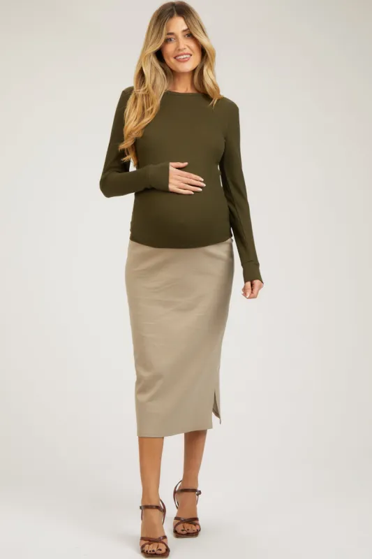 Olive Waffle Knit Basic Long Sleeve Maternity Top sold by Pinkblush