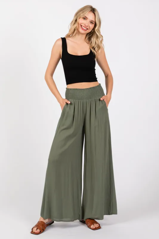Olive Wide Smock Waist Pants sold by Pinkblush