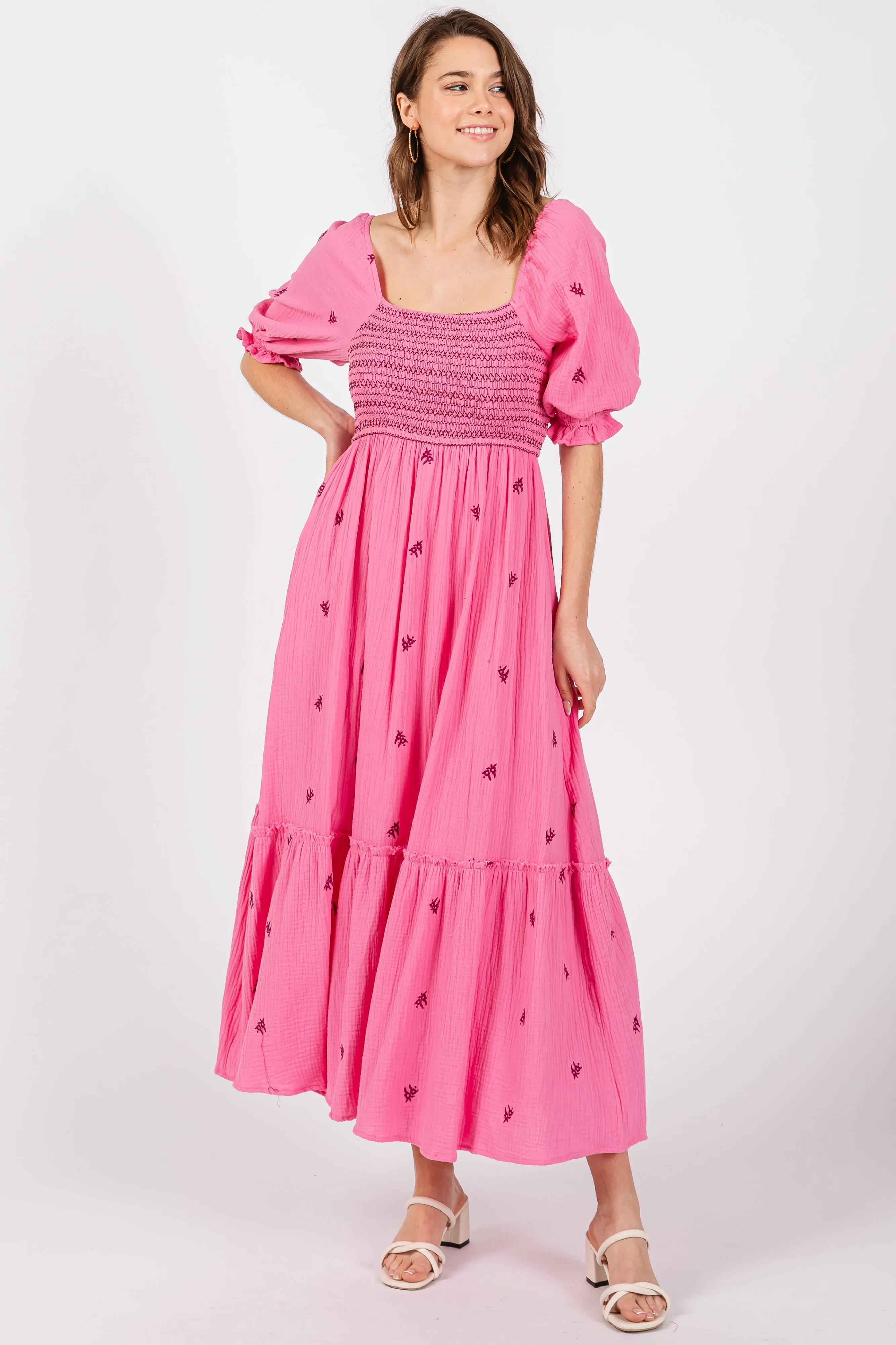 Pink Gauze Smocked Embroidered Square Neck Midi Dress sold by Pinkblush product image thumbnail 2