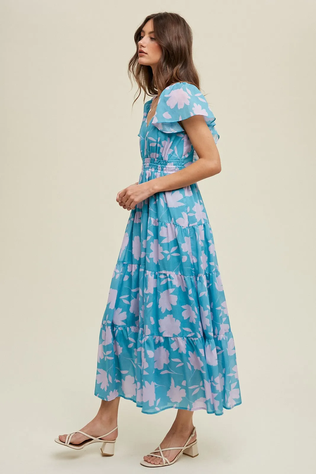 Blue Floral Flutter Sleeve Tiered Maxi Dress sold by Pinkblush product image thumbnail 2