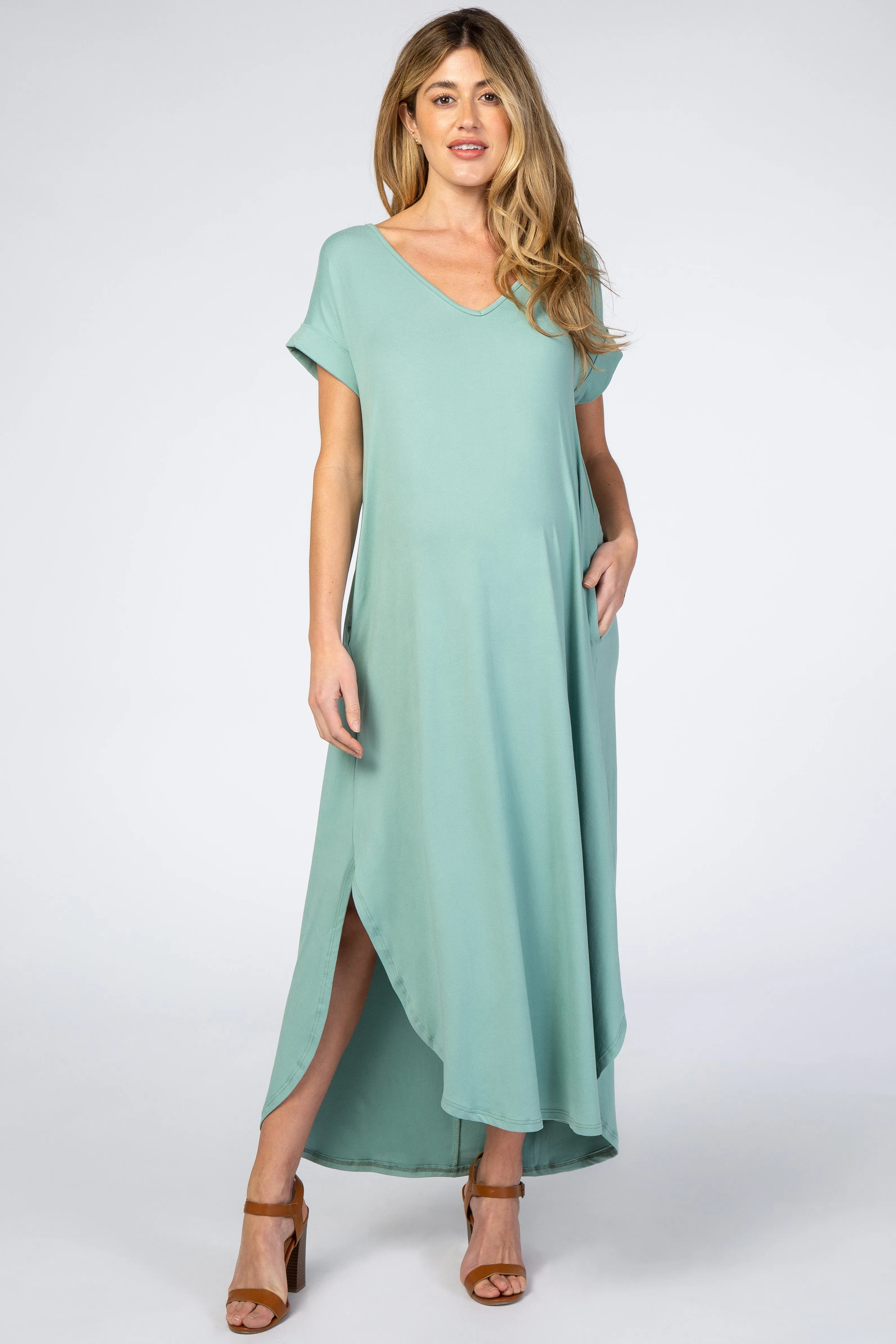 Light Olive Side Slit Maternity Maxi Dress sold by Pinkblush
