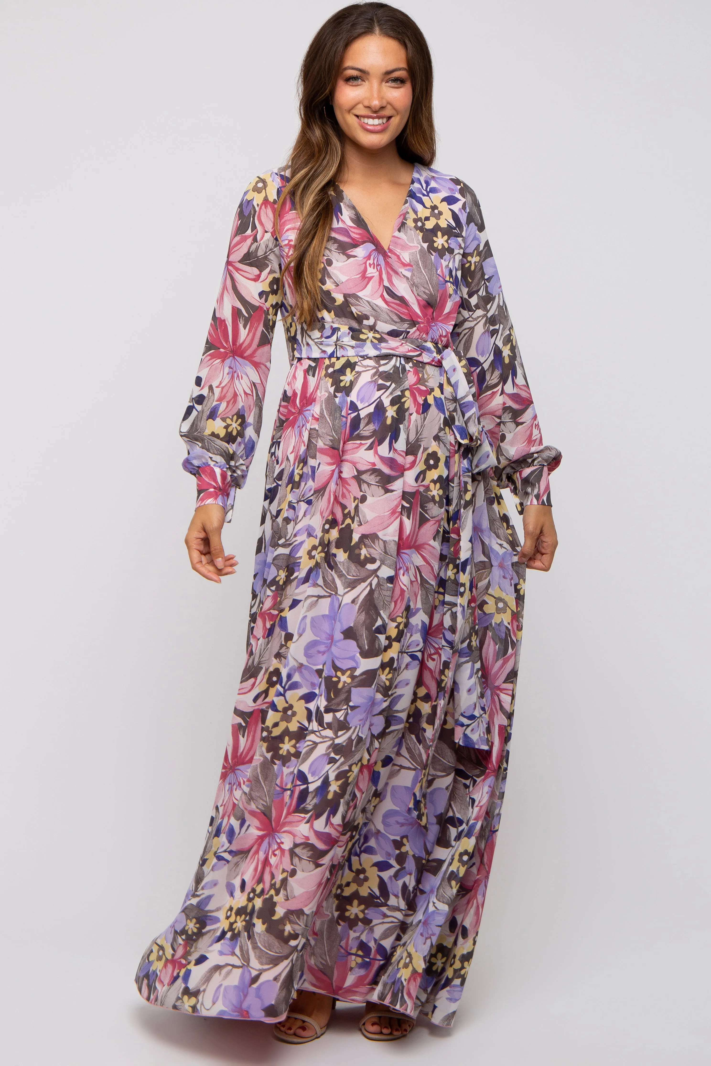 Mauve Floral Chiffon Wrap Front V-Neck Long Sleeve Maternity Maxi Dress sold by Pinkblush product image thumbnail 5