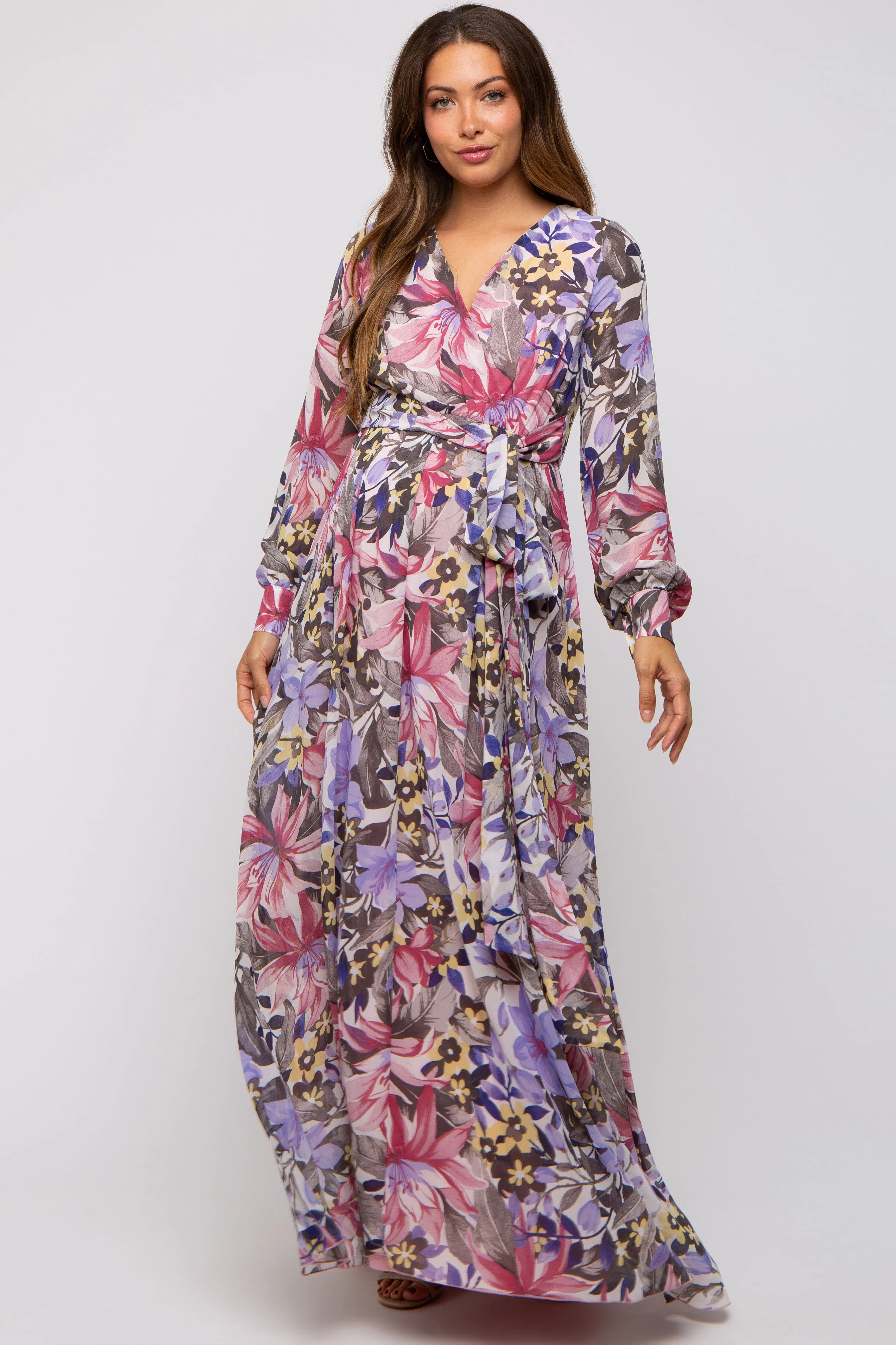 Mauve Floral Chiffon Wrap Front V-Neck Long Sleeve Maternity Maxi Dress sold by Pinkblush product image thumbnail 2