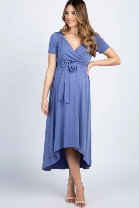 Slate Blue Solid Hi-Low Maternity Wrap Dress sold by Pinkblush