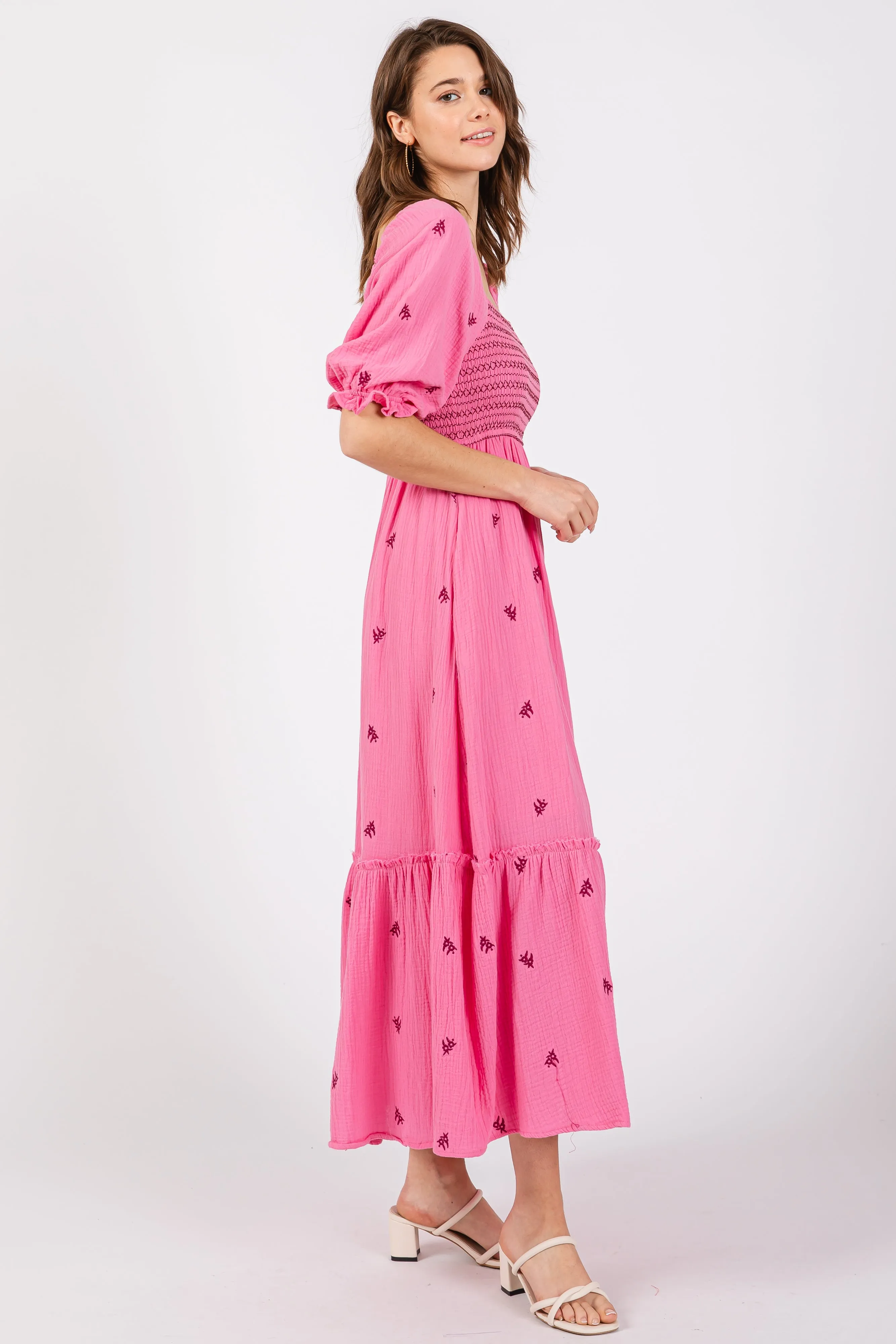Pink Gauze Smocked Embroidered Square Neck Midi Dress sold by Pinkblush product image thumbnail 3