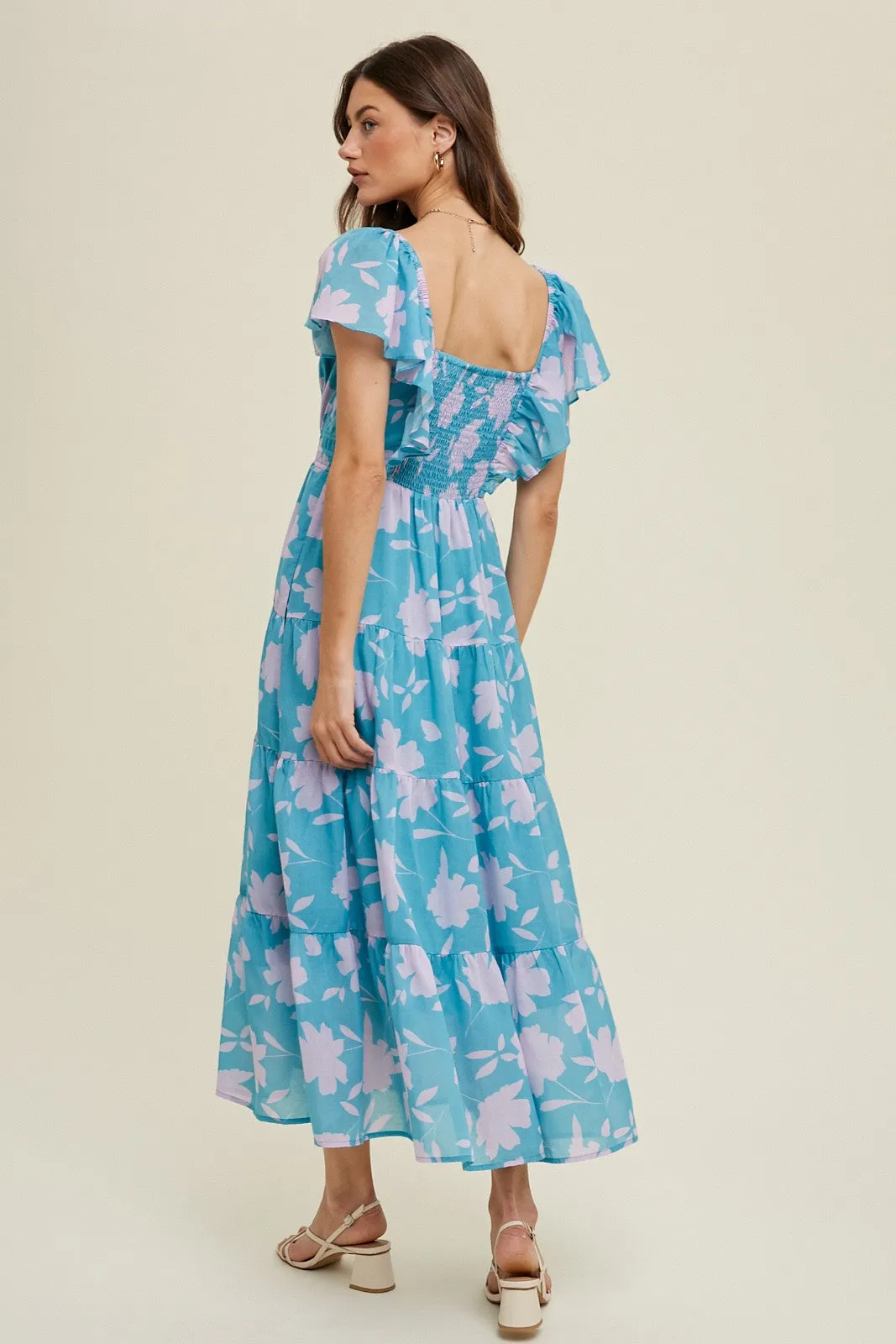 Blue Floral Flutter Sleeve Tiered Maxi Dress sold by Pinkblush product image thumbnail 3