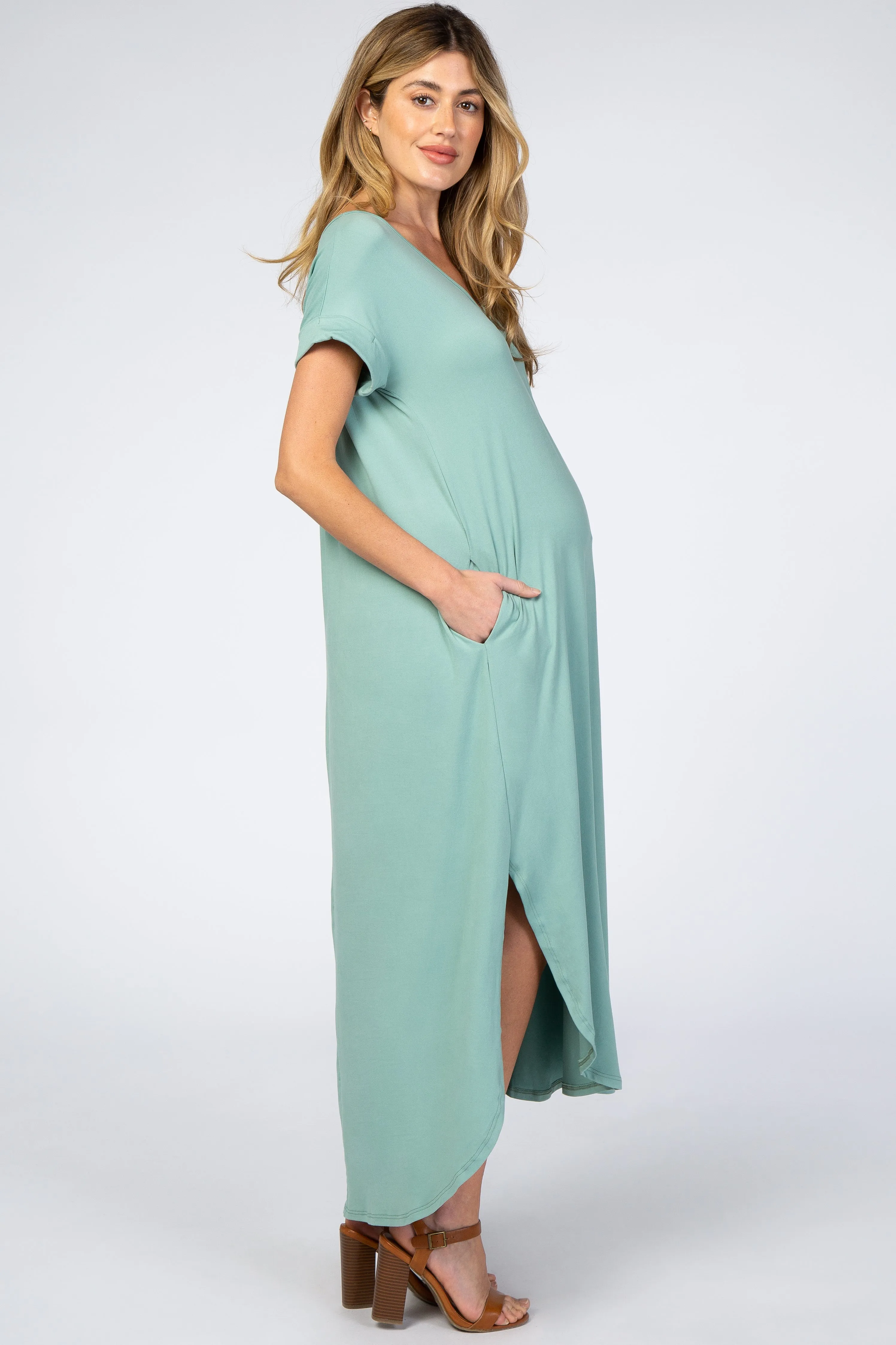 Light Olive Side Slit Maternity Maxi Dress sold by Pinkblush product image thumbnail 2