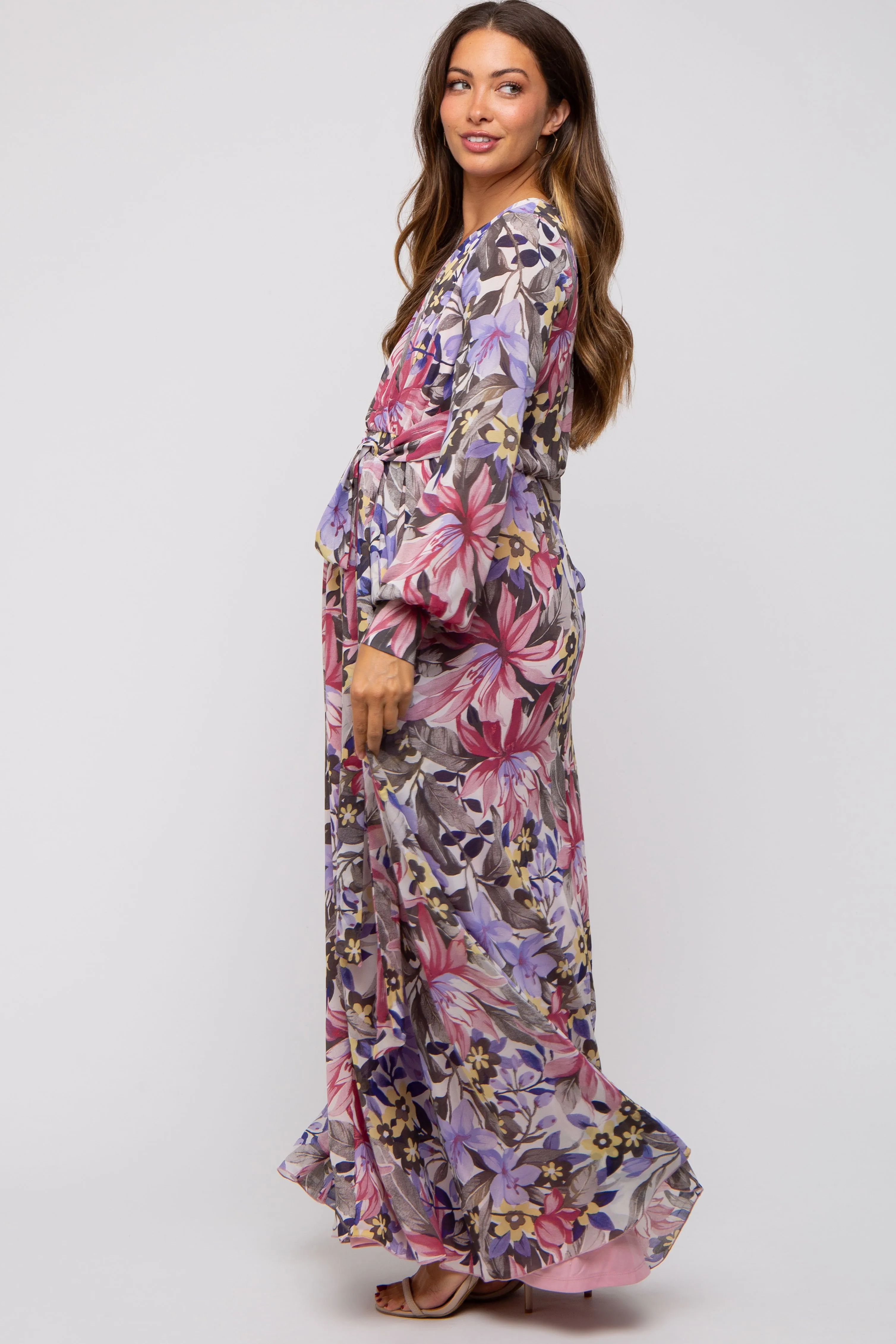 Mauve Floral Chiffon Wrap Front V-Neck Long Sleeve Maternity Maxi Dress sold by Pinkblush product image thumbnail 3