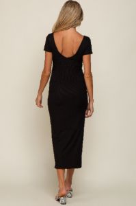 Black Basic Ribbed Side Slit Maternity Midi Dress sold by Pinkblush