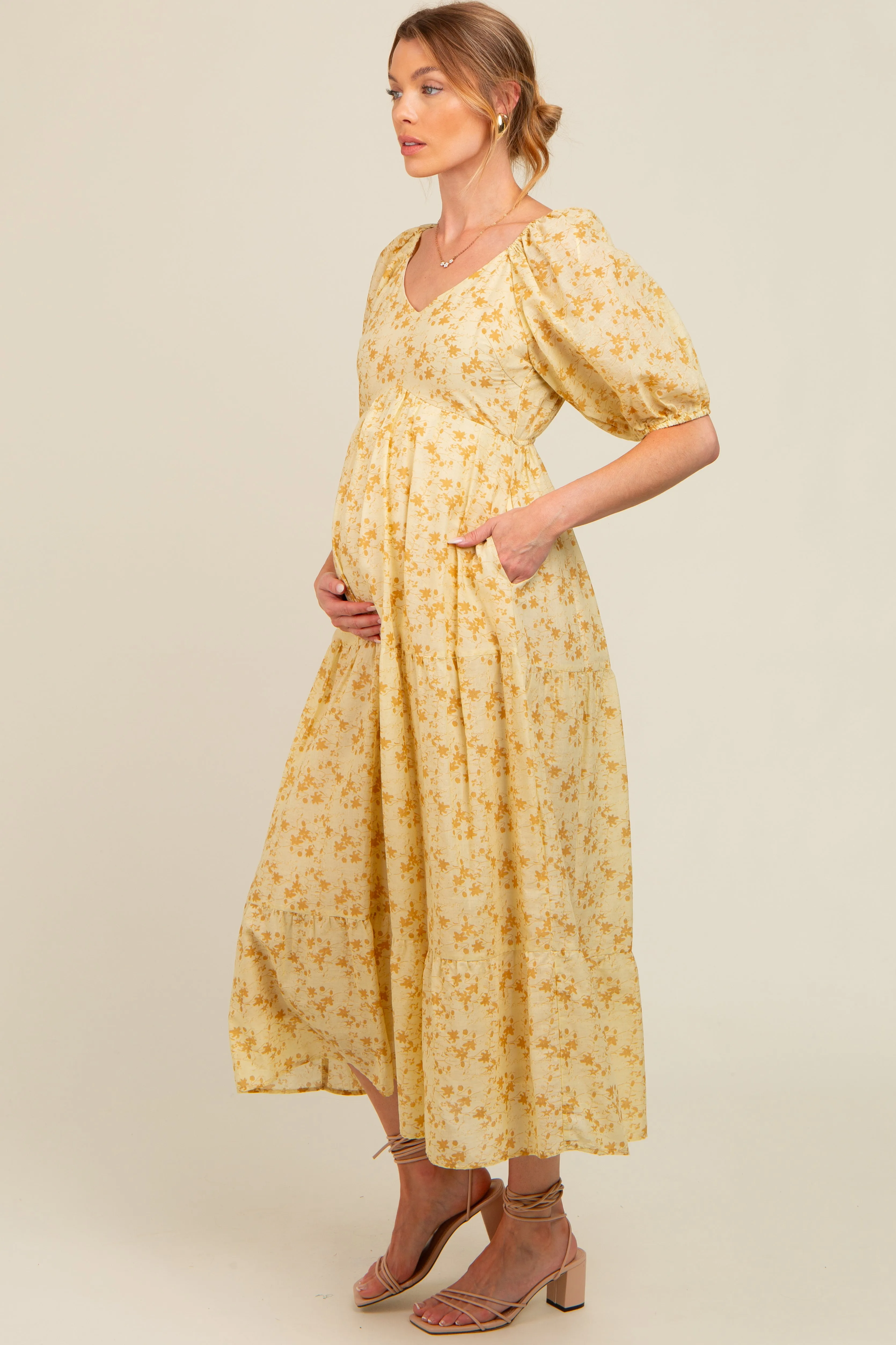Yellow Floral V-Neck Tiered Maternity Midi Dress sold by Pinkblush product image thumbnail 3