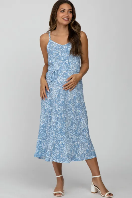 Blue Floral Pleated Maternity Midi Dress sold by Pinkblush