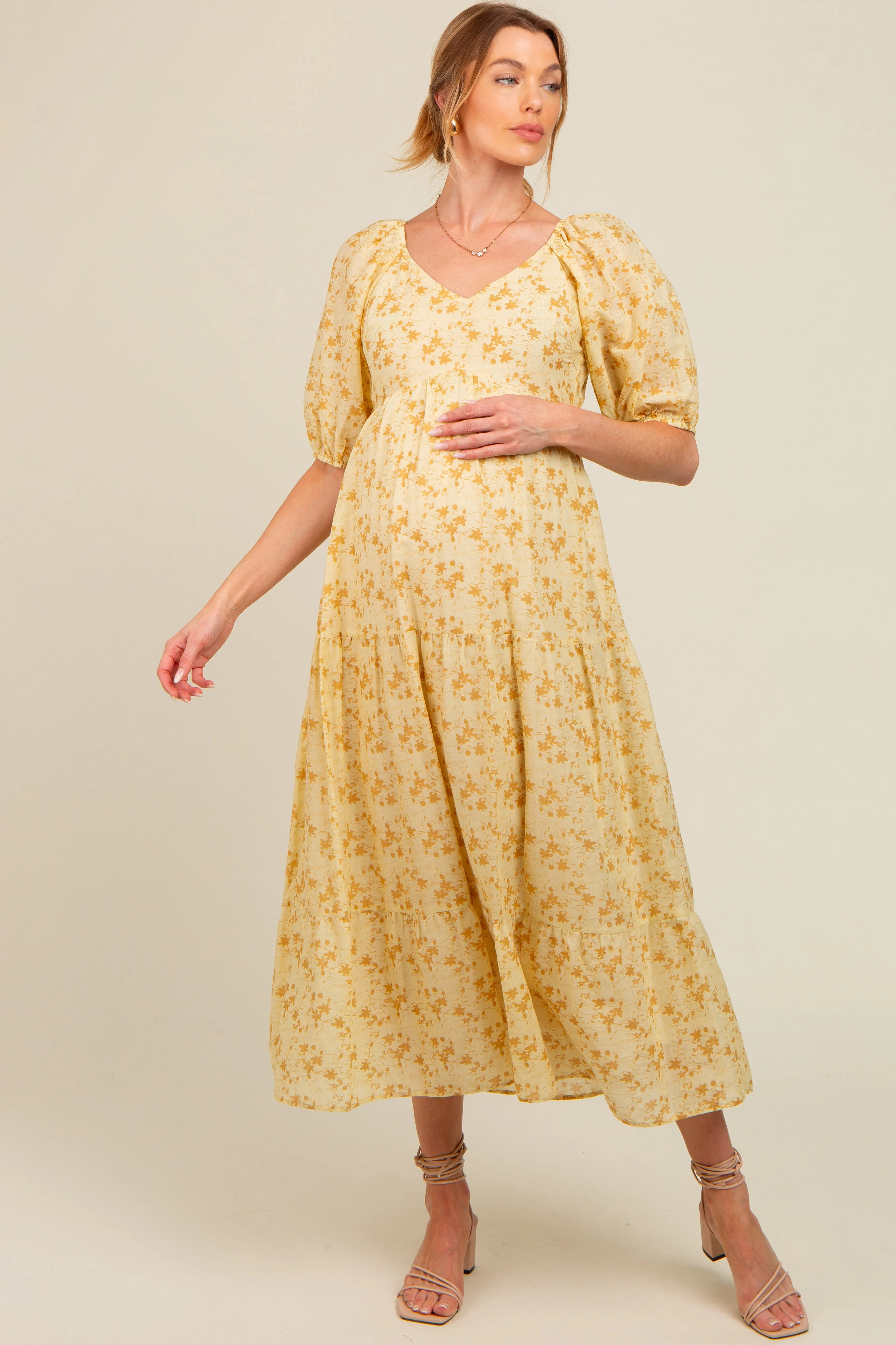 Yellow Floral V-Neck Tiered Maternity Midi Dress sold by Pinkblush