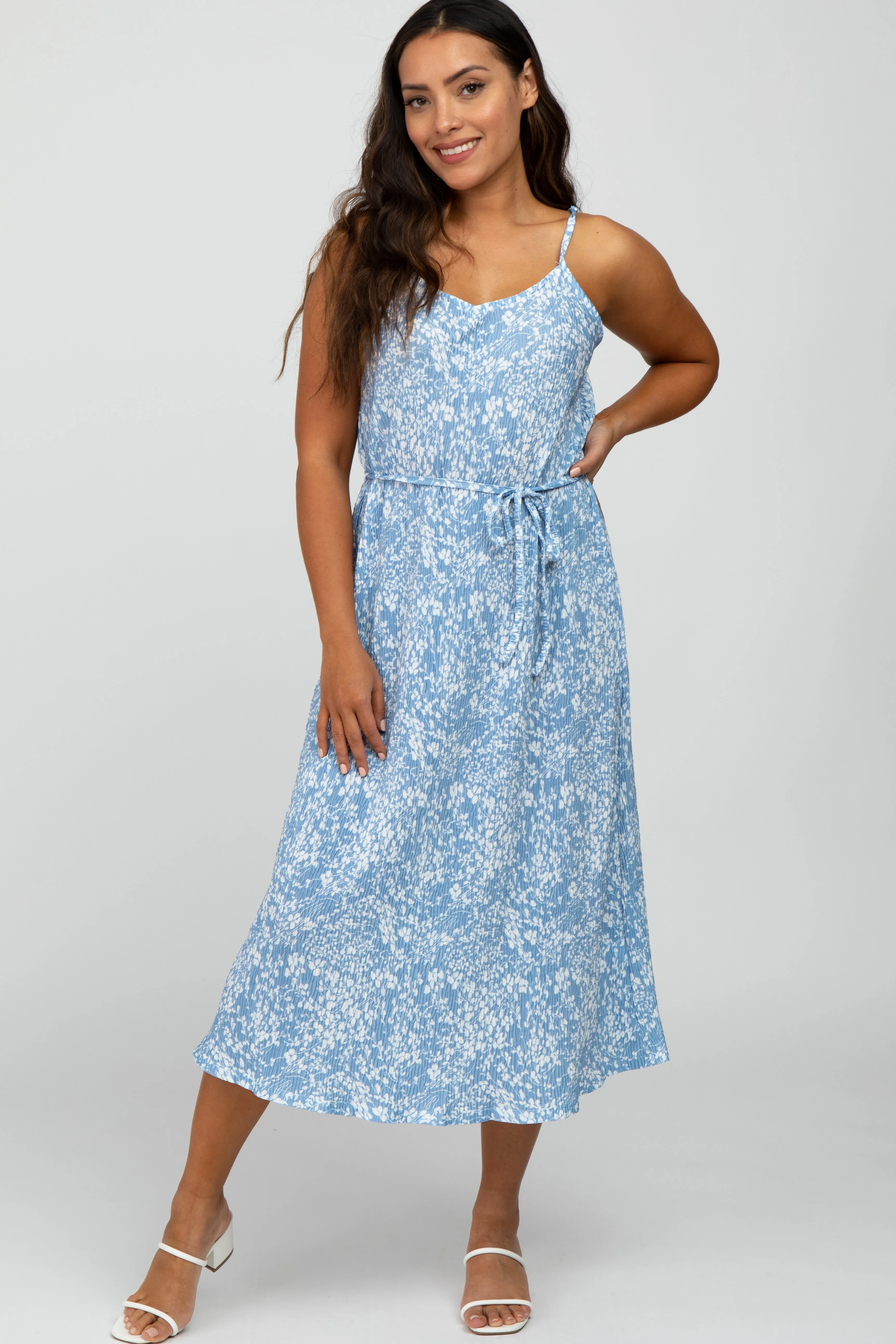 Blue Floral Pleated Maternity Midi Dress sold by Pinkblush product image thumbnail 5