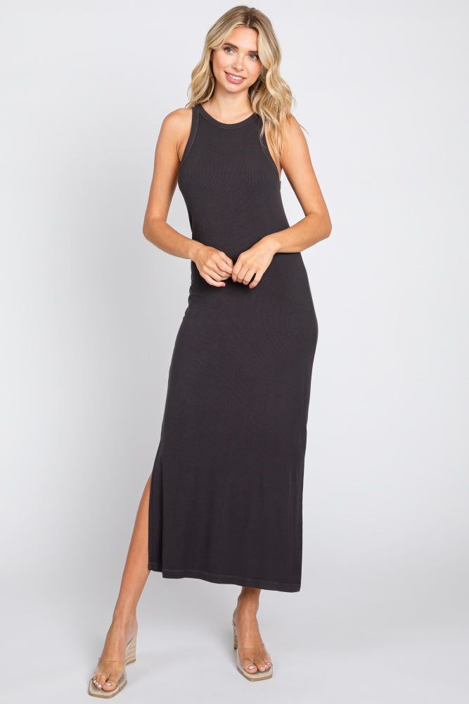 Charcoal Sleeveless Ribbed Side Slit Maxi Dress sold by Pinkblush