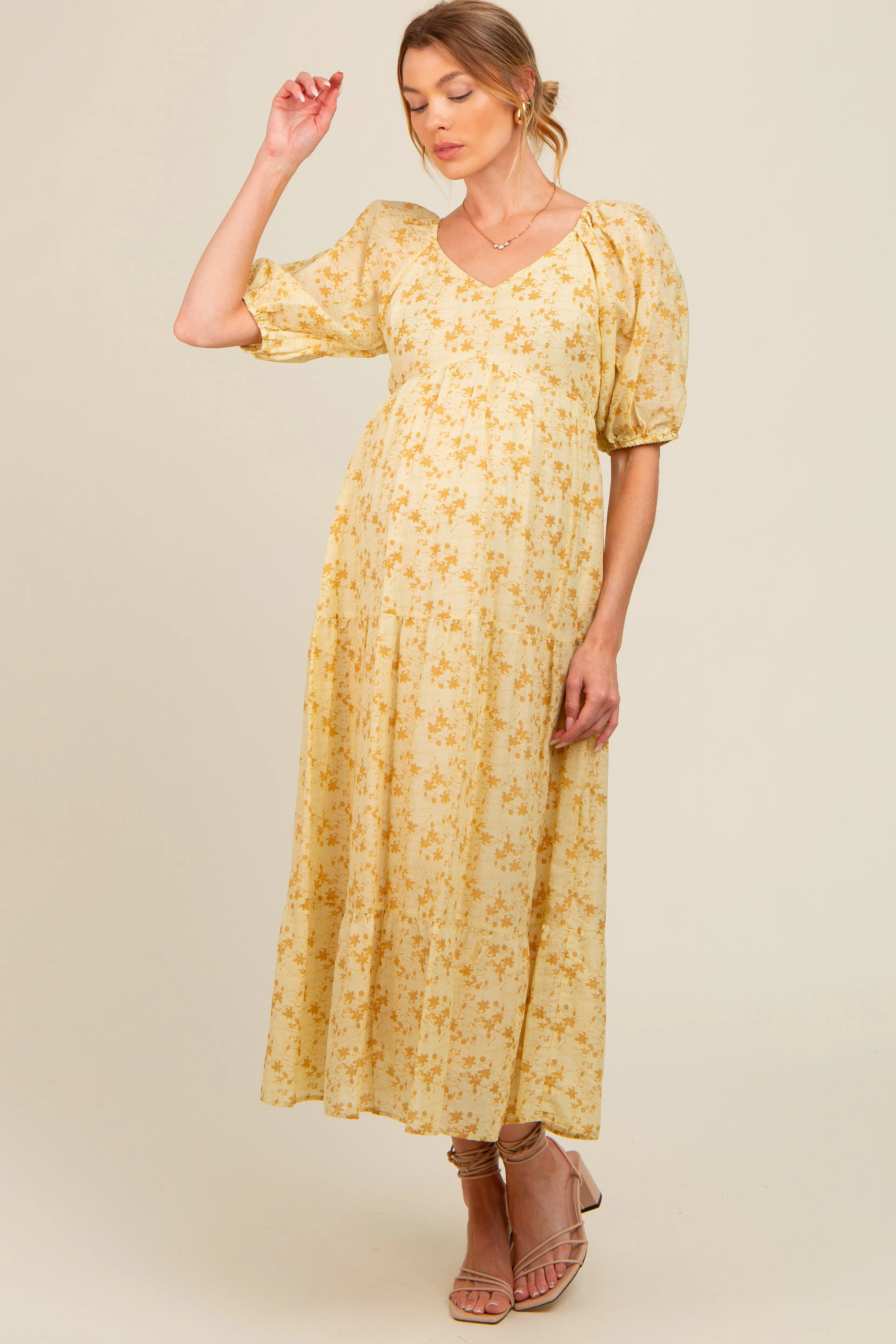 Yellow Floral V-Neck Tiered Maternity Midi Dress sold by Pinkblush product image thumbnail 2