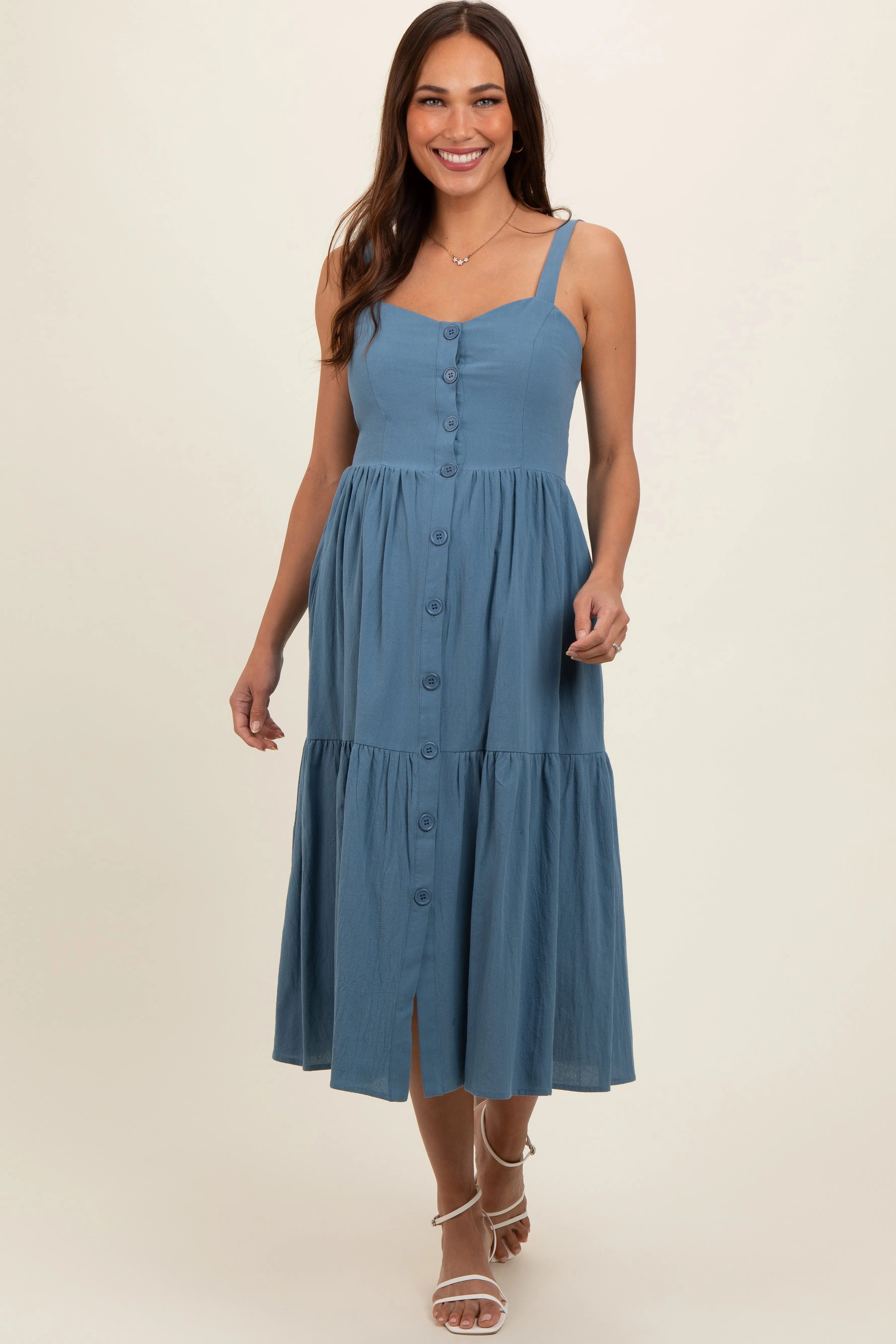 Blue Sweetheart Neck Button Front Tiered Maternity Midi Dress sold by Pinkblush product image thumbnail 2