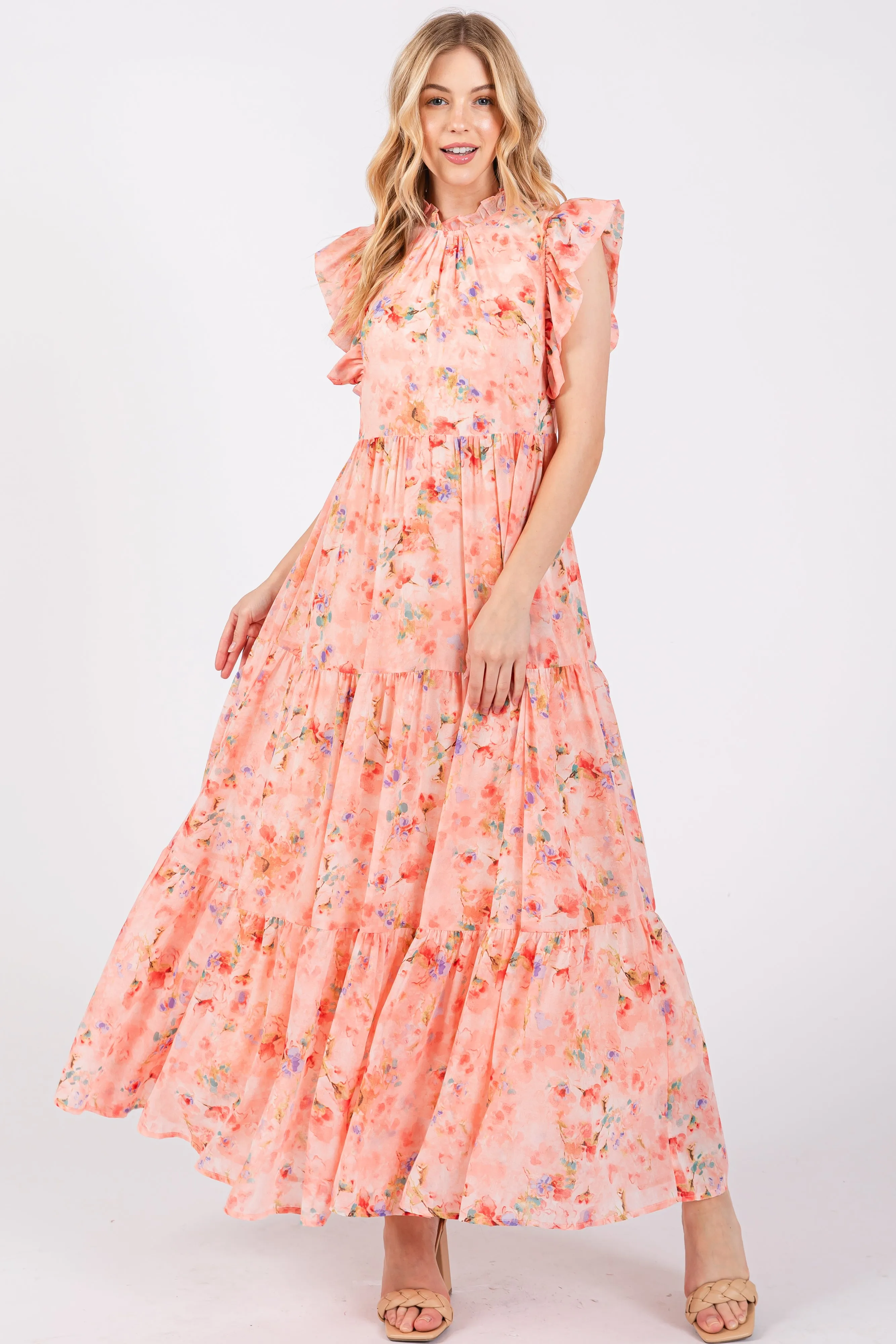 Peach Floral Chiffon Ruffle Shoulder Tiered Maternity Maxi Dress sold by Pinkblush product image thumbnail 4
