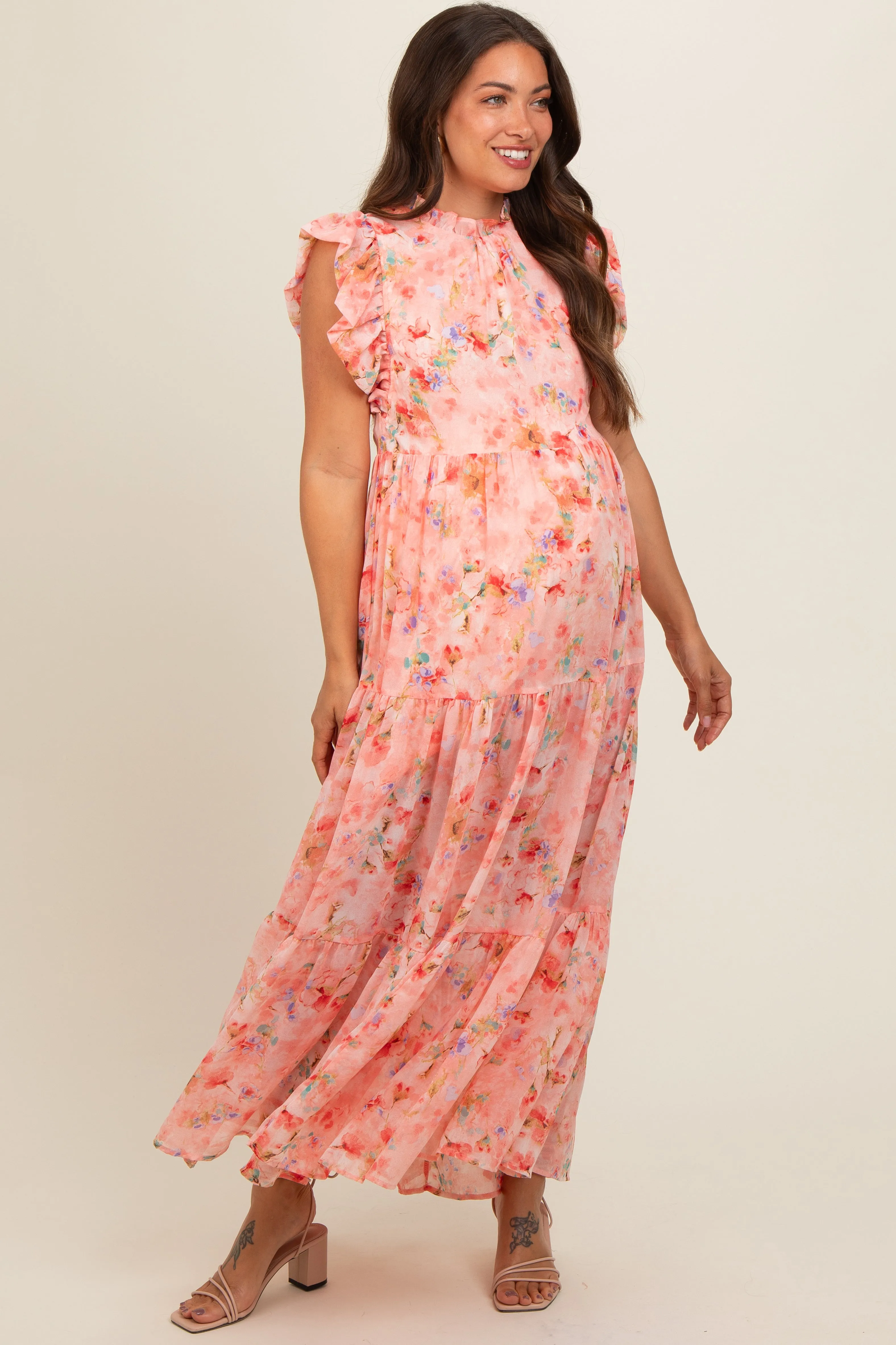 Peach Floral Chiffon Ruffle Shoulder Tiered Maternity Maxi Dress sold by Pinkblush