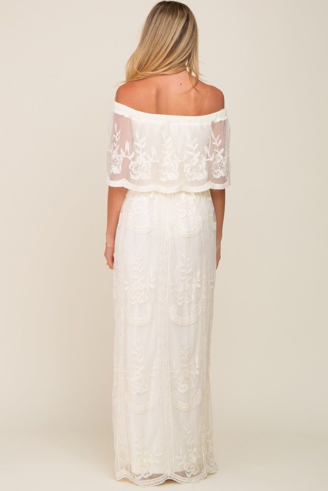 Cream Lace Mesh Overlay Off Shoulder Maternity Maxi Dress sold by Pinkblush product image thumbnail 3