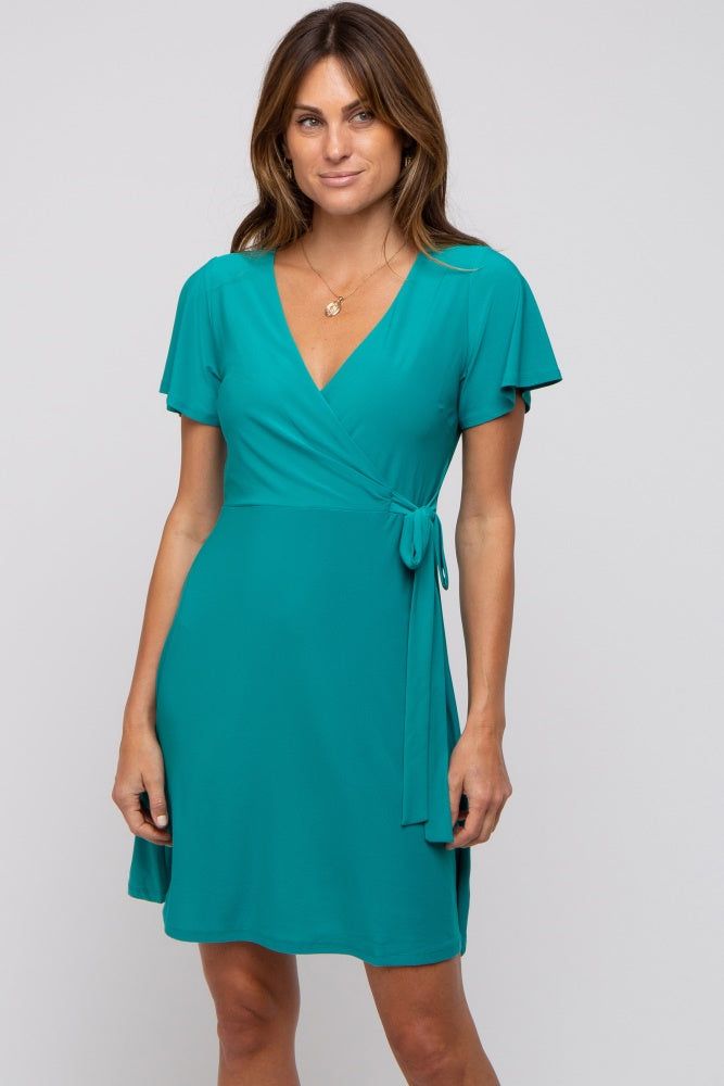 Teal Wrap V-Neck Short Sleeve Dress sold by Pinkblush product image thumbnail 2