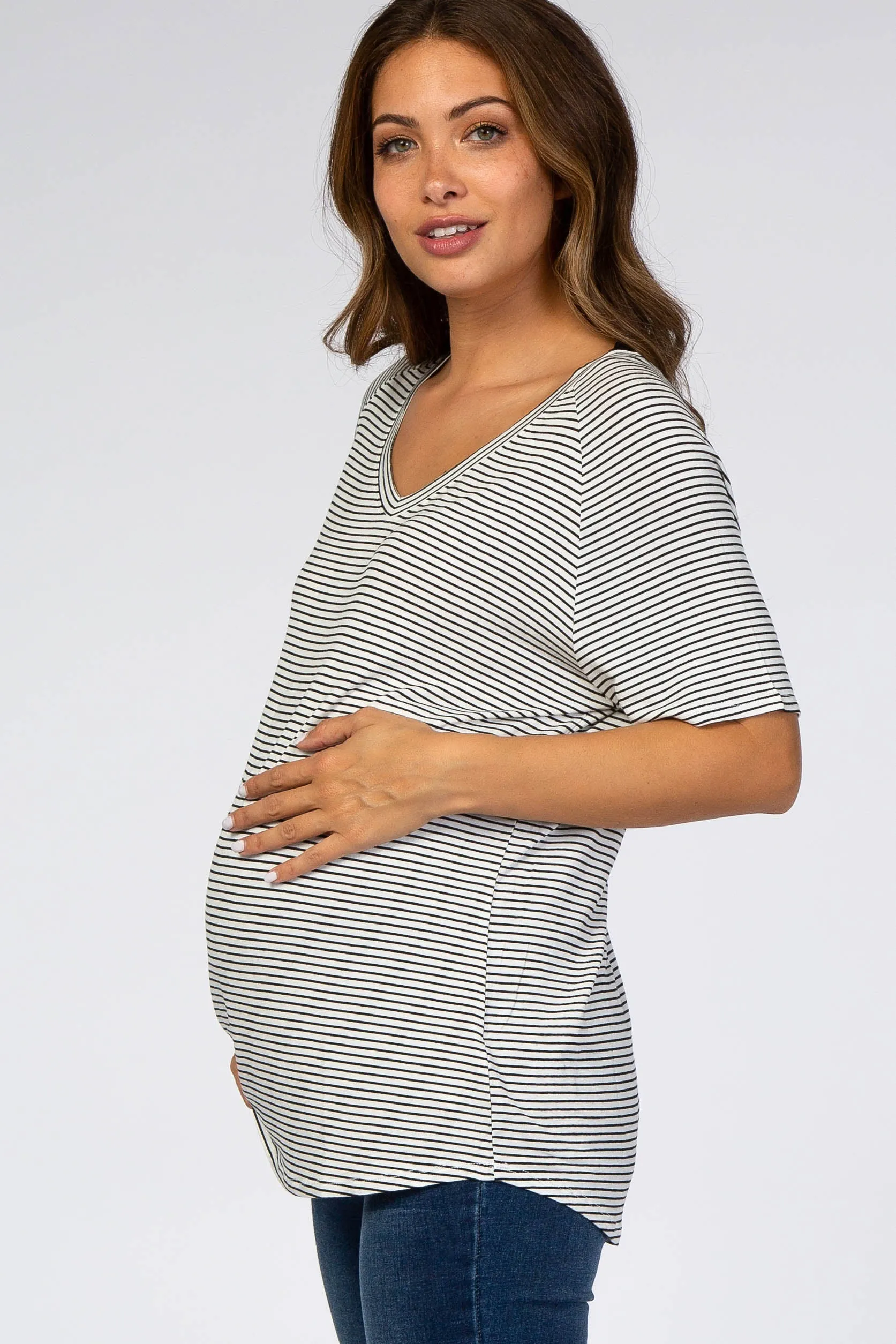 White Striped V-Neck Maternity Short Sleeve Top sold by Pinkblush product image thumbnail 2